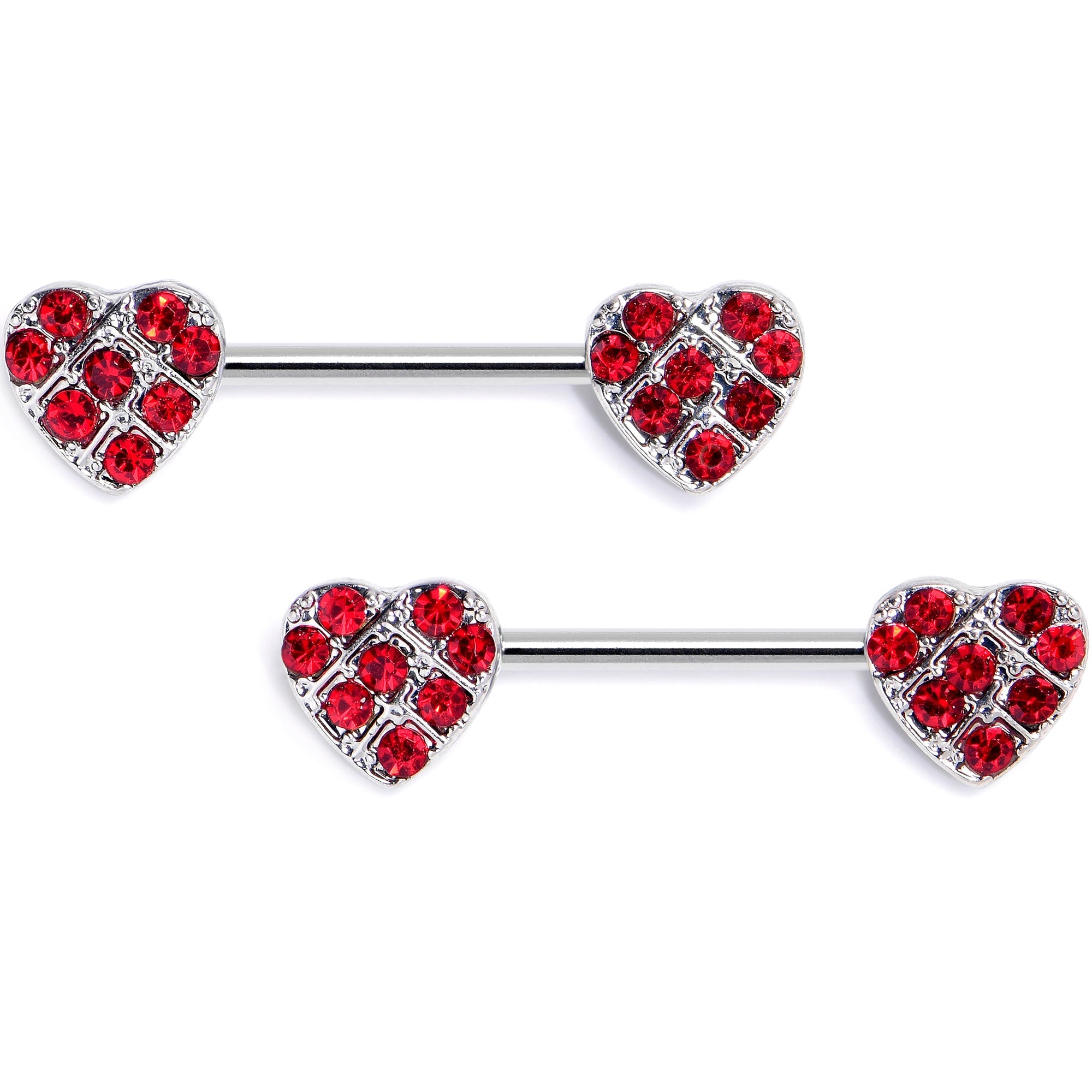 BodyCandy 14G 9/16 Red Gem Lattice Heart Barbell Nipple Ring Set — main product shot