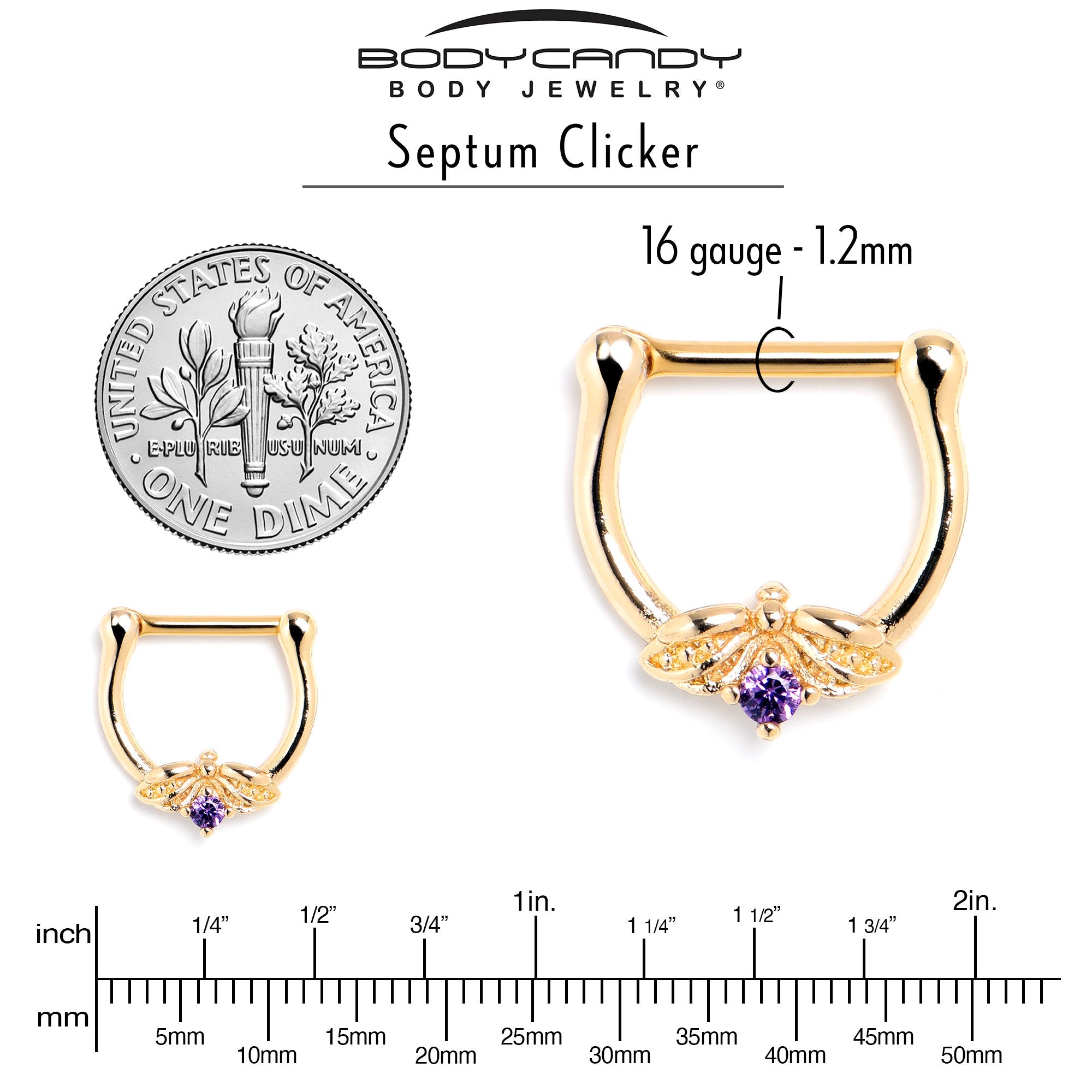 BodyCandy 16G 5/16 Purple Gem Gold Tone Beauty Bug Cartilage Clicker — side view