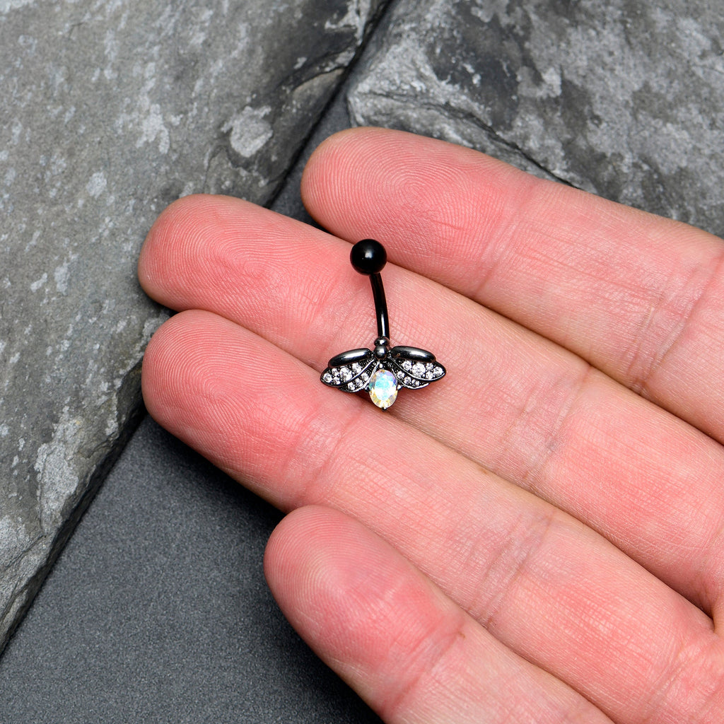 BodyCandy Aurora Clear Gem Black Gothic Butterfly Belly Ring — detail close-up