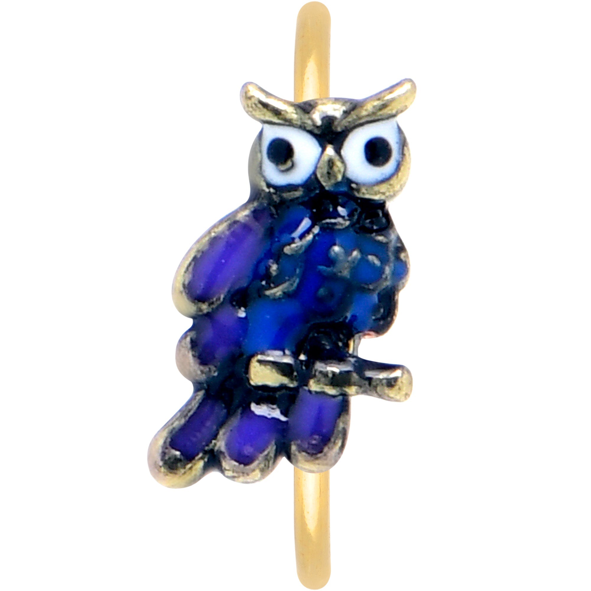BodyCandy 20G 5/16 Gold Tone Regal Owl Blue Nose Hoop — detail close-up