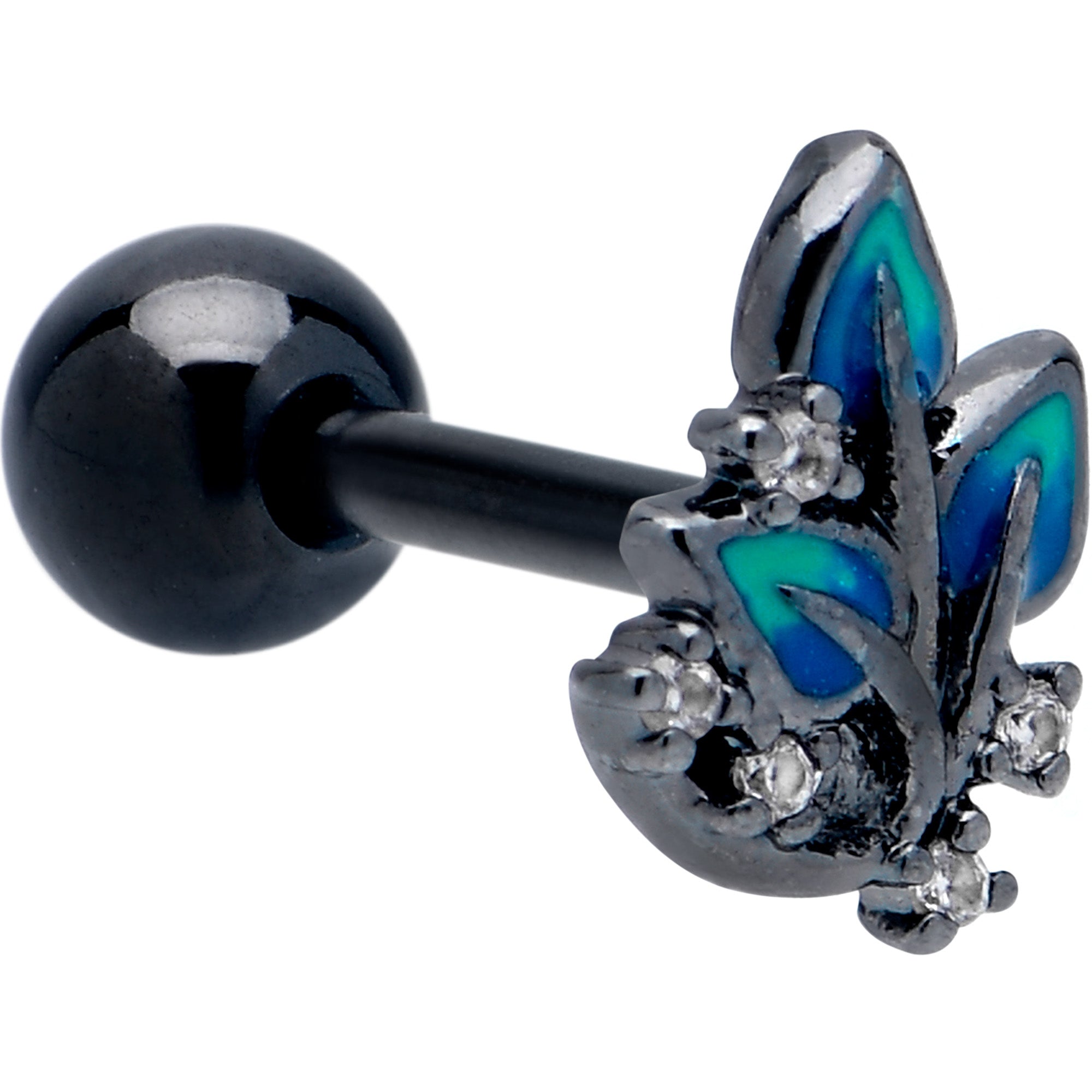BodyCandy 16G 1/4 Clear CZ Gem Black Lush Leaves Cartilage Tragus Earring — main product shot
