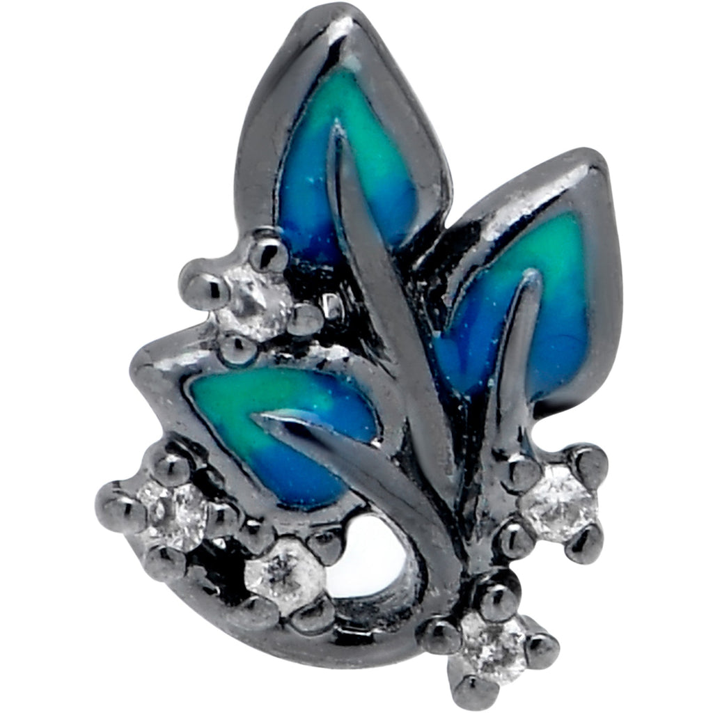 BodyCandy 16G 1/4 Clear CZ Gem Black Lush Leaves Cartilage Tragus Earring — detail close-up