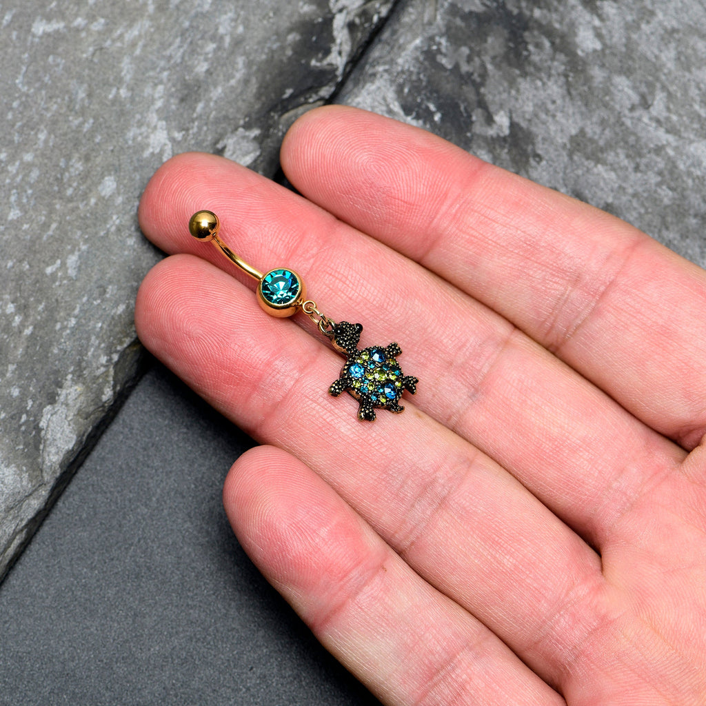 BodyCandy Blue Gem Gold Tone Sweet Sea Turtle Dangle Belly Ring — detail close-up