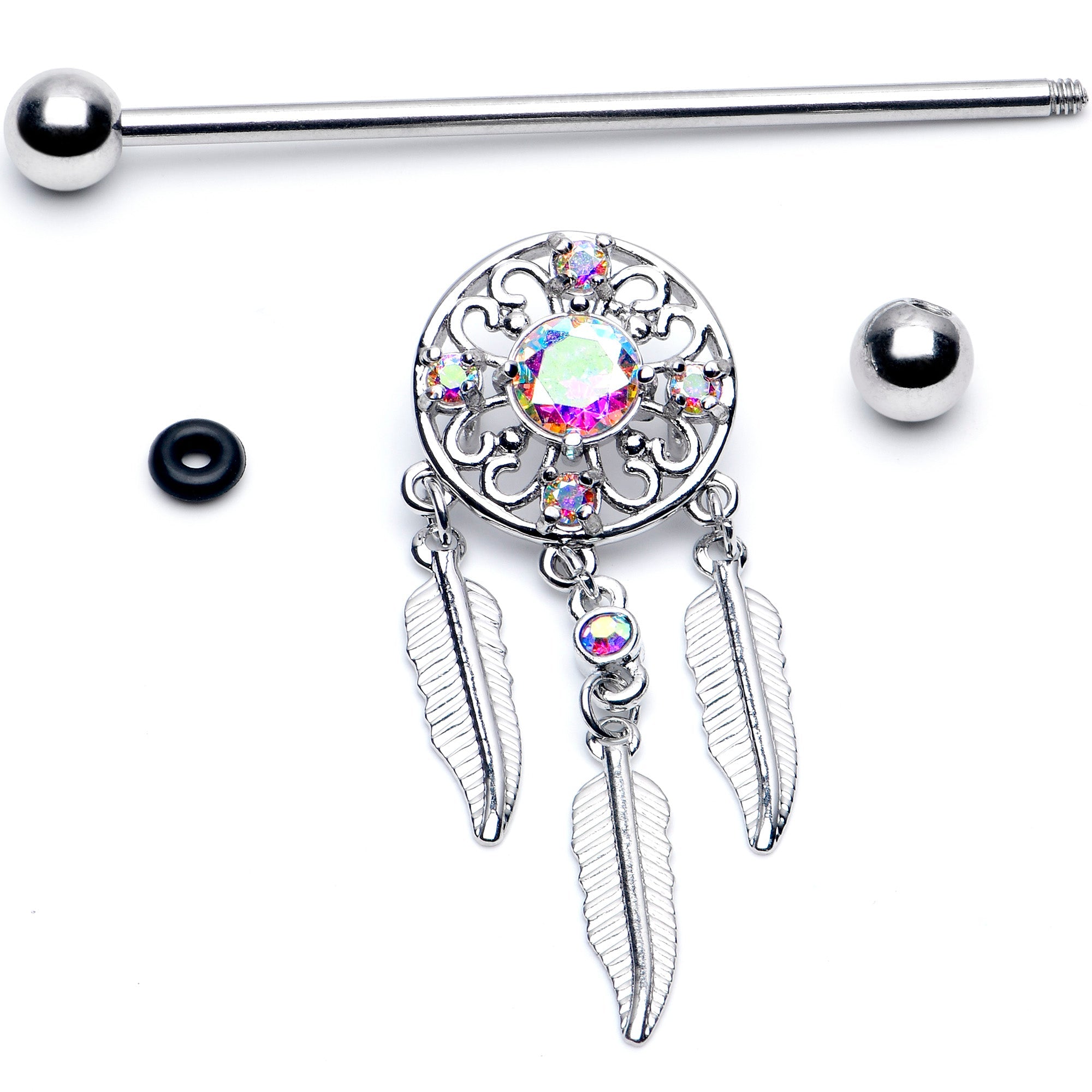 BodyCandy 14G Aurora CZ Gem  Dreamcatcher Dangle Industrial Barbell 38mm — detail close-up
