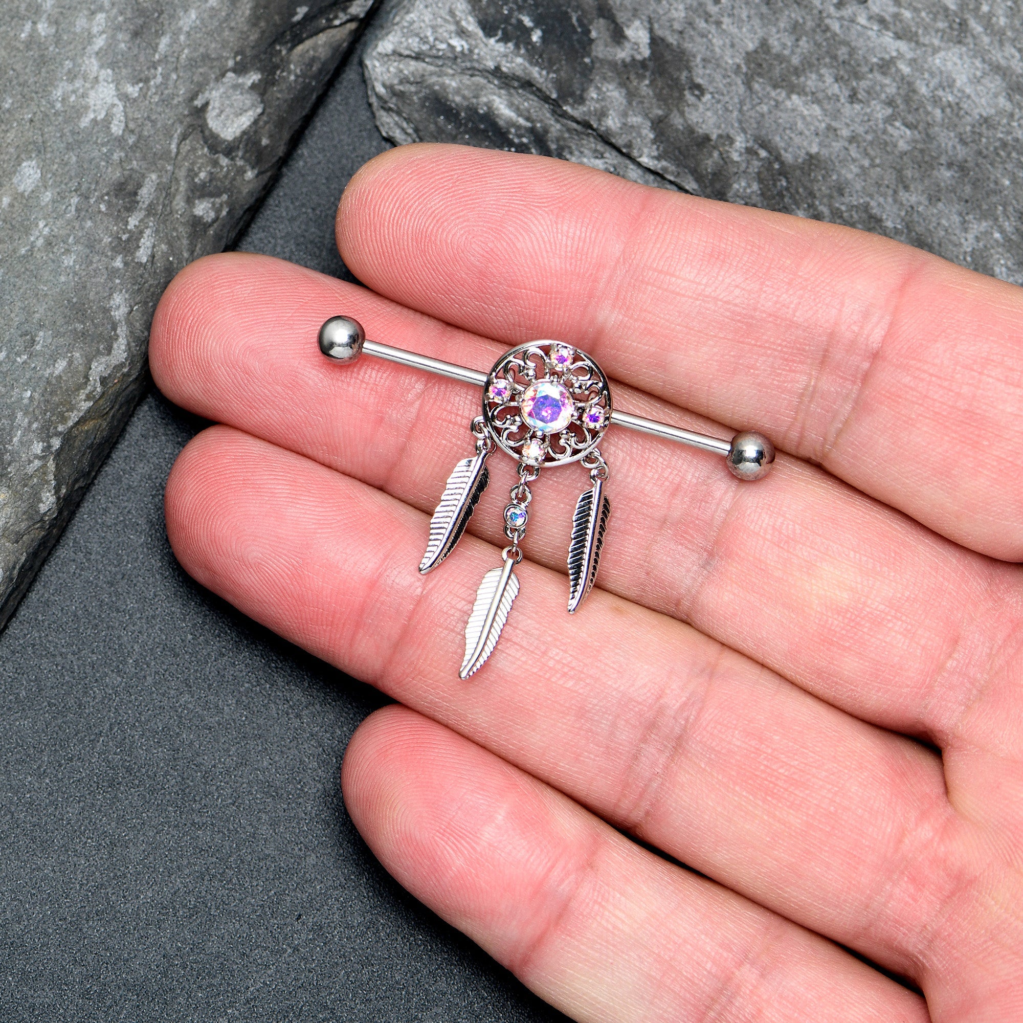 BodyCandy 14G Aurora CZ Gem  Dreamcatcher Dangle Industrial Barbell 38mm — lifestyle context