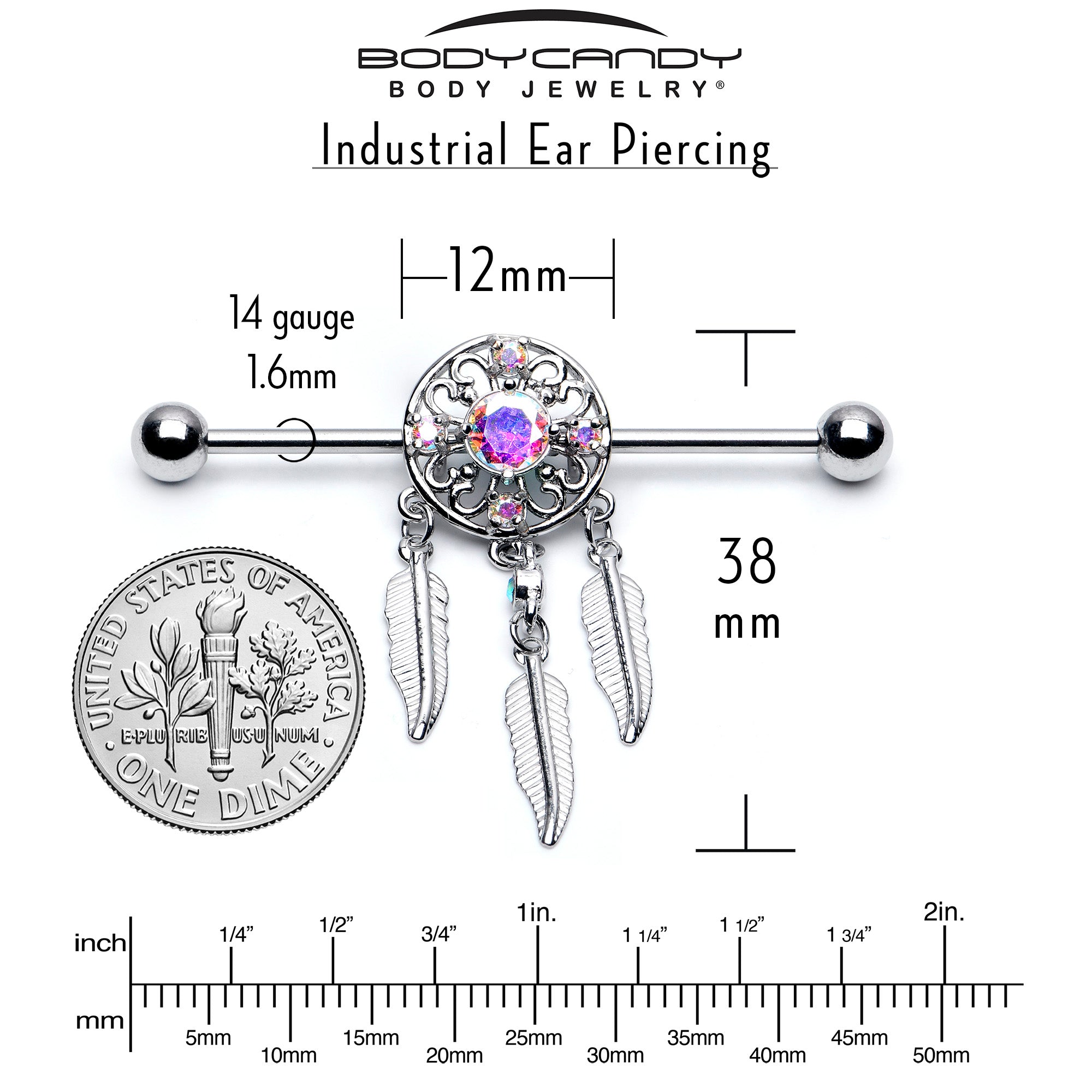 BodyCandy 14G Aurora CZ Gem  Dreamcatcher Dangle Industrial Barbell 38mm — side view