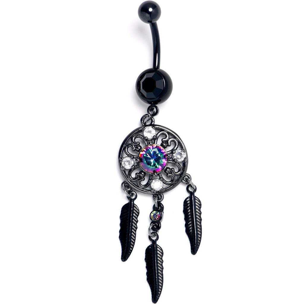 BodyCandy Aurora Clear CZ Gem Black Dreamcatcher Feather Dangle Belly Ring — main product shot