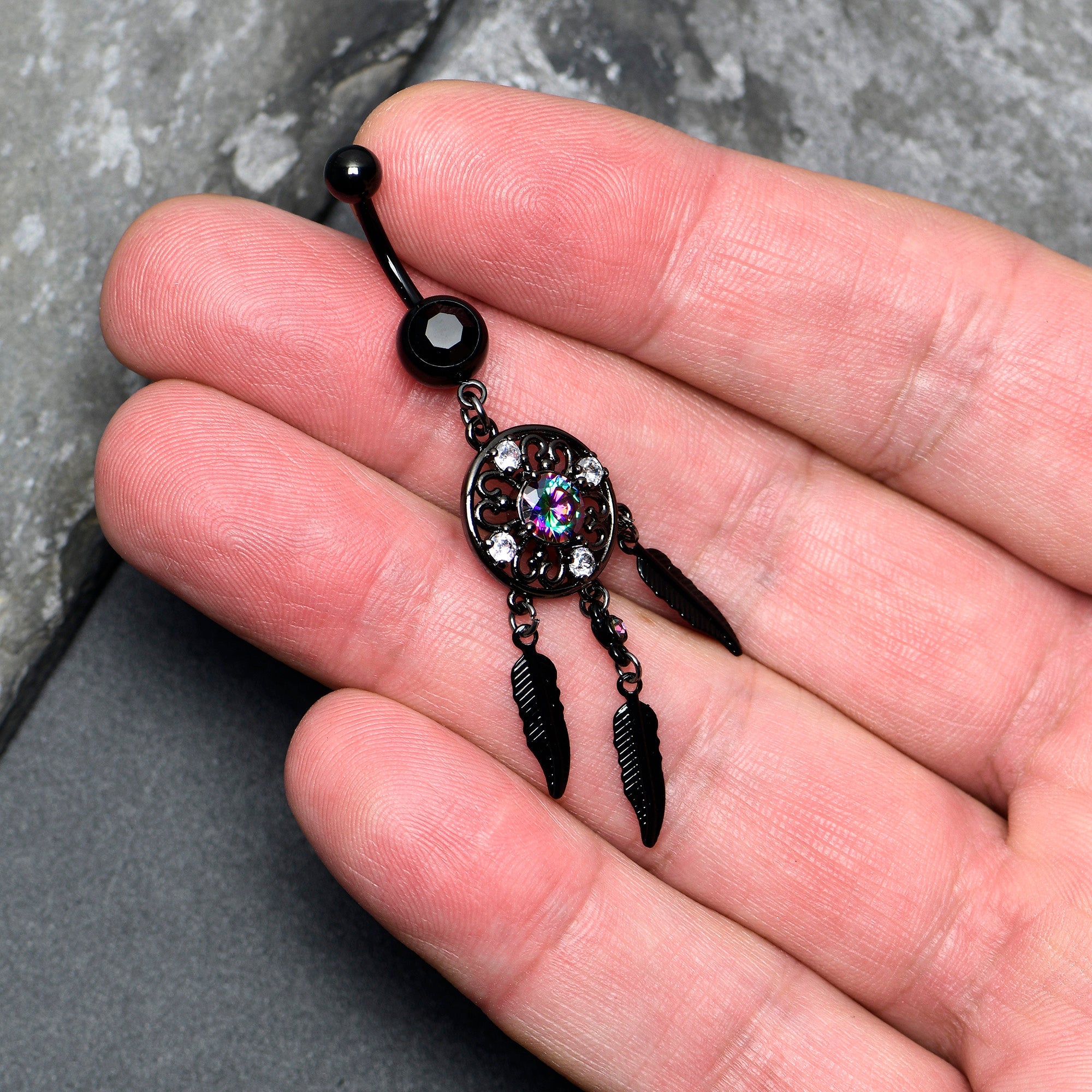 BodyCandy Aurora Clear CZ Gem Black Dreamcatcher Feather Dangle Belly Ring — detail close-up