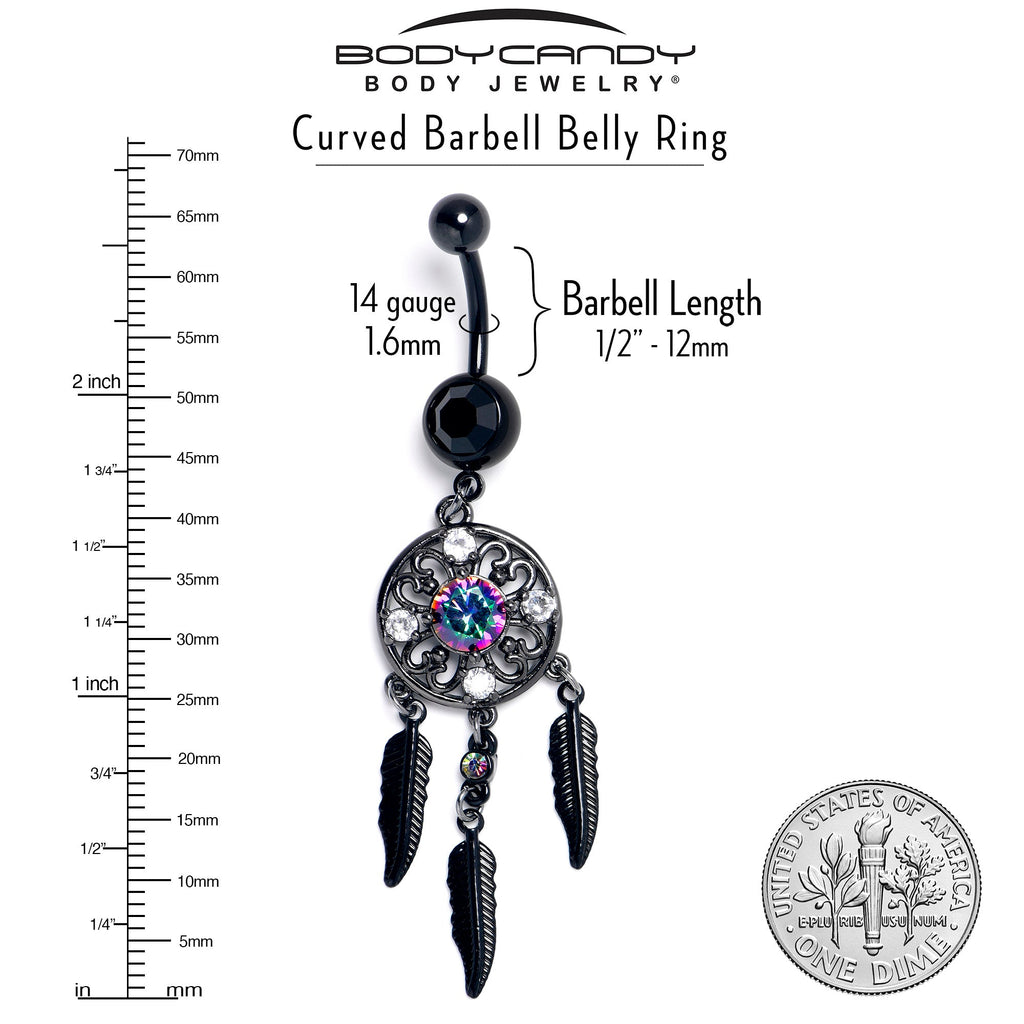 BodyCandy Aurora Clear CZ Gem Black Dreamcatcher Feather Dangle Belly Ring — lifestyle context