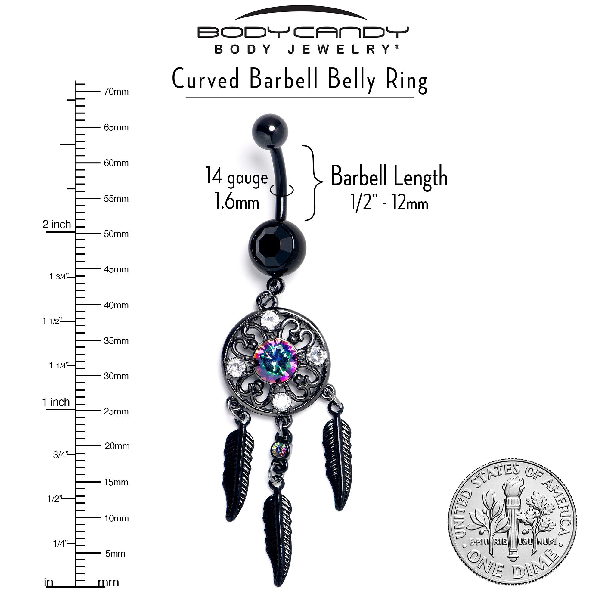 BodyCandy Aurora Clear CZ Gem Black Dreamcatcher Feather Dangle Belly Ring — lifestyle context