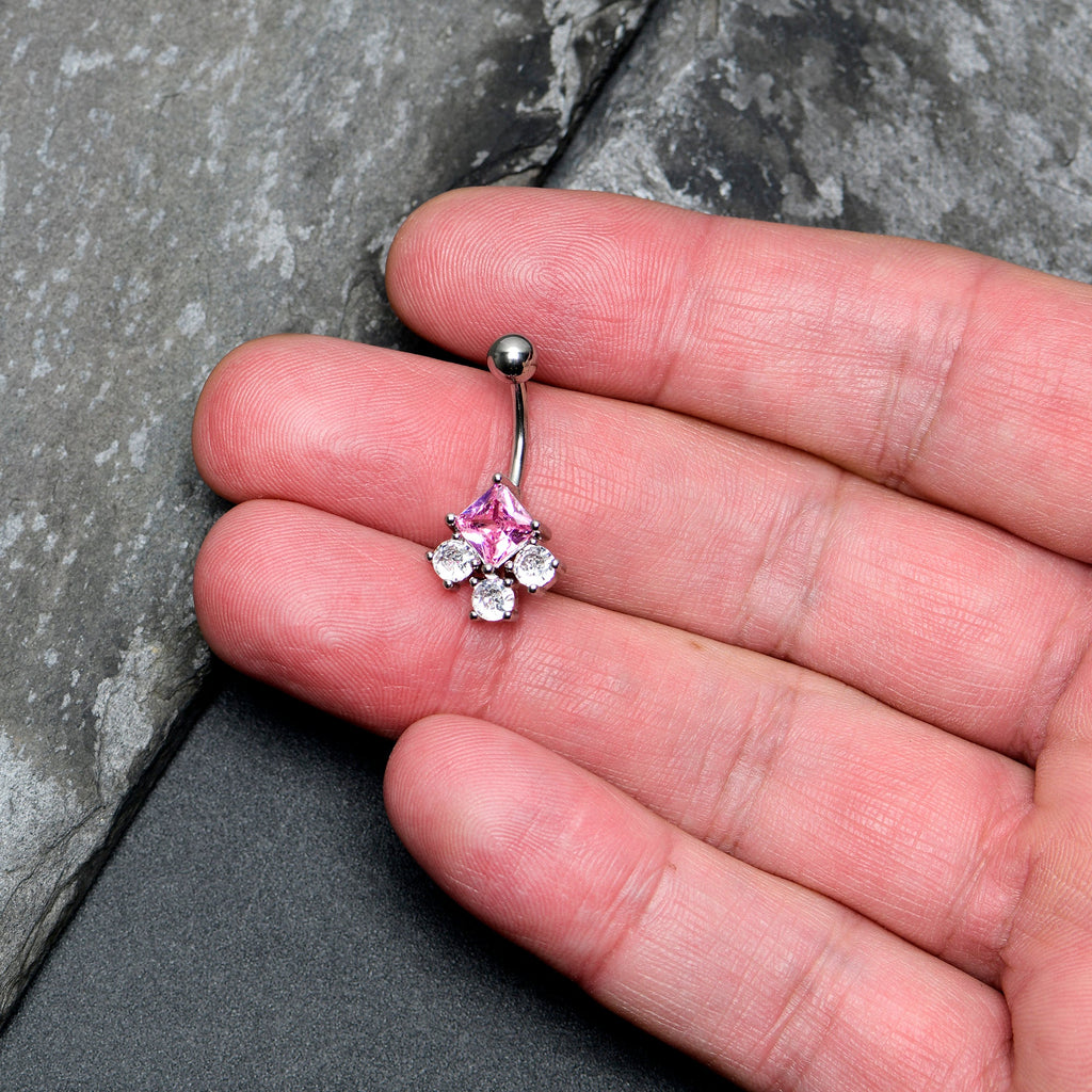 BodyCandy Clear Pink CZ Gem Rhombus Riot Belly Ring — detail close-up