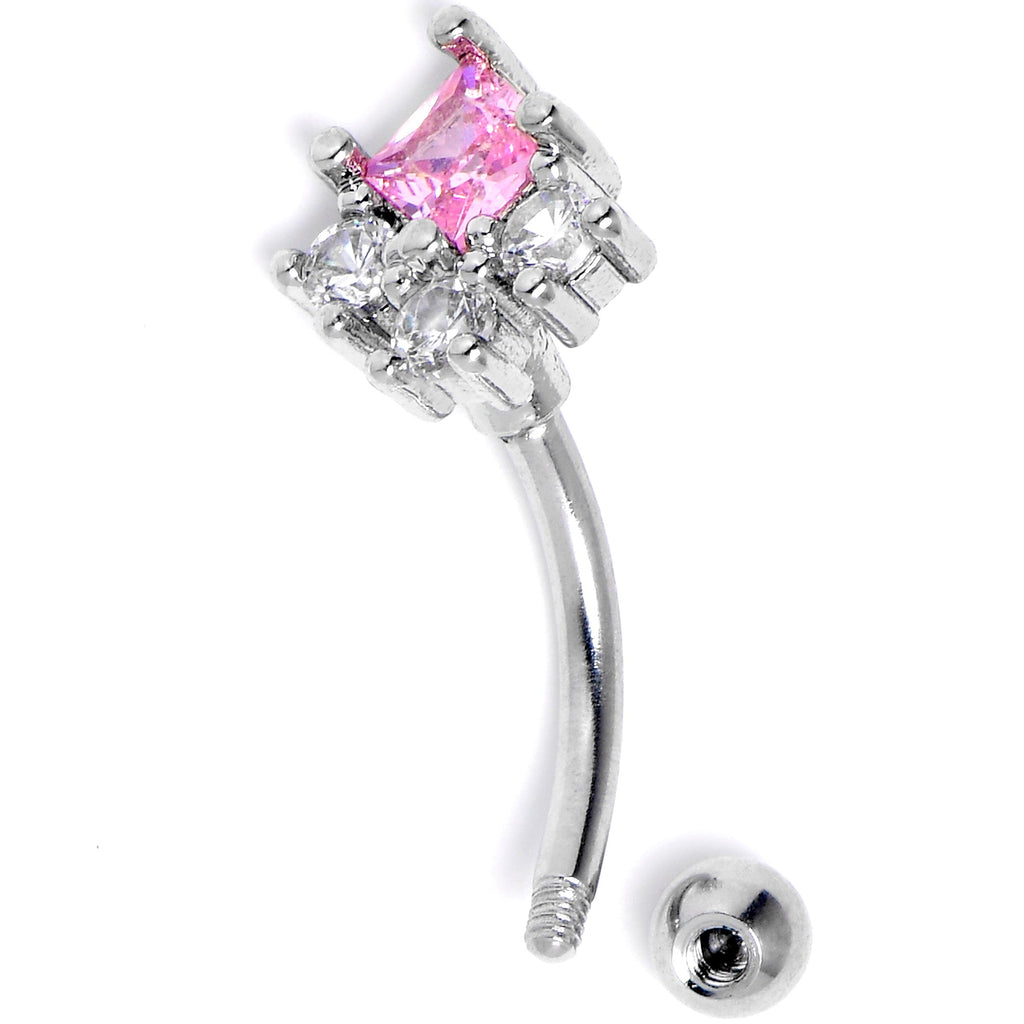 BodyCandy 16G 5/15 Clear Pink CZ Gem  Rhombus Riot Curved Eyebrow Ring — detail close-up