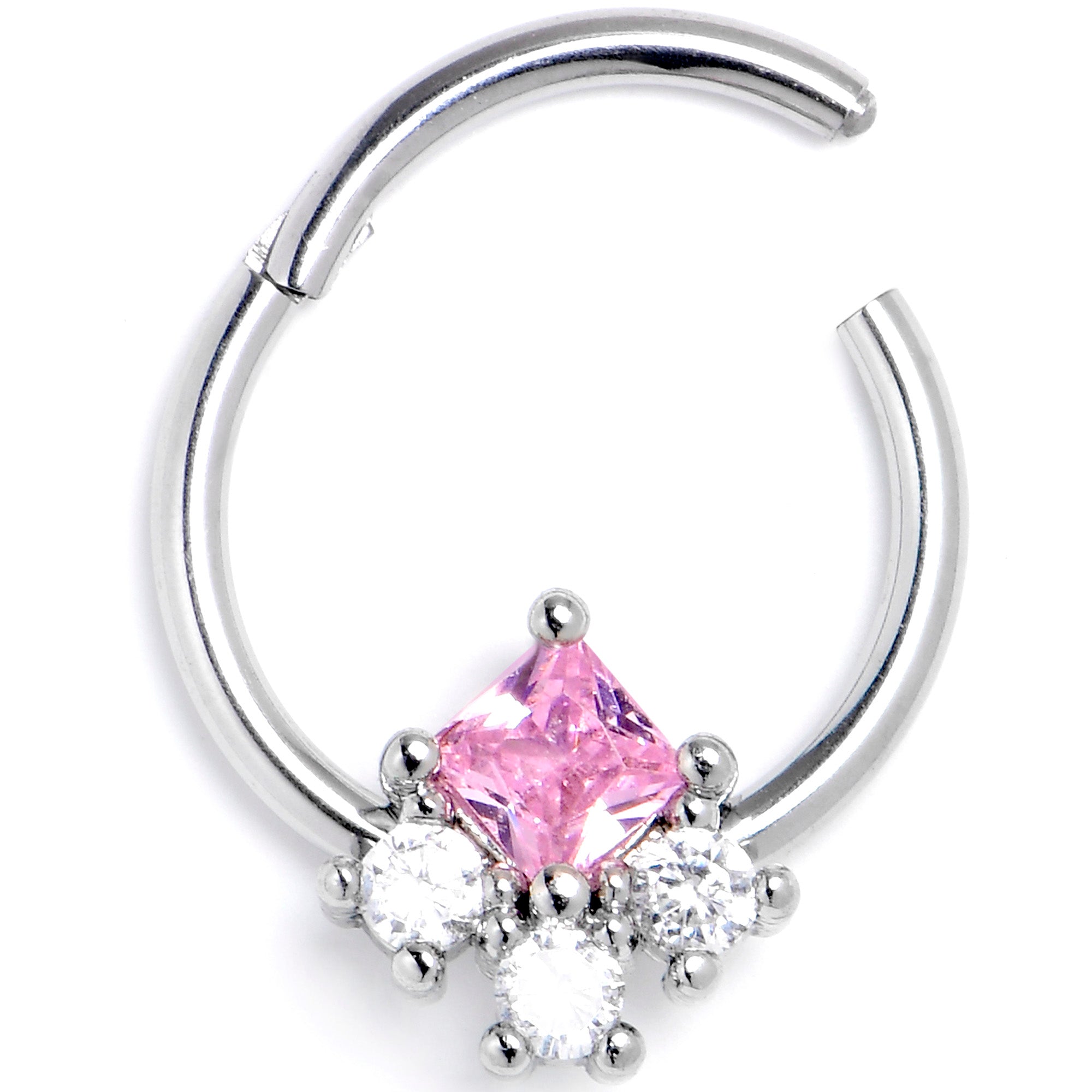 BodyCandy 16G 3/8 Pink Clear CZ Gem Rhombus Riot Hinged Segment Ring — detail close-up