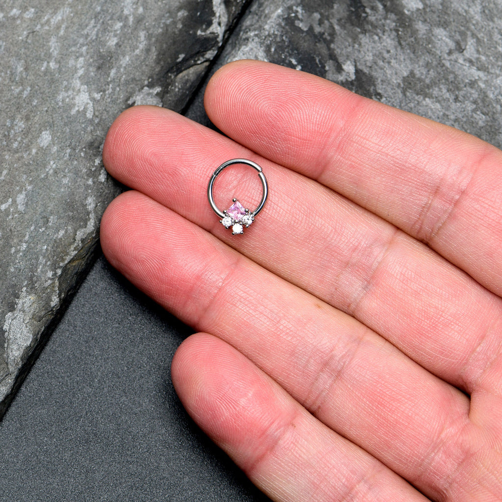 BodyCandy 16G 3/8 Pink Clear CZ Gem Rhombus Riot Hinged Segment Ring — lifestyle context