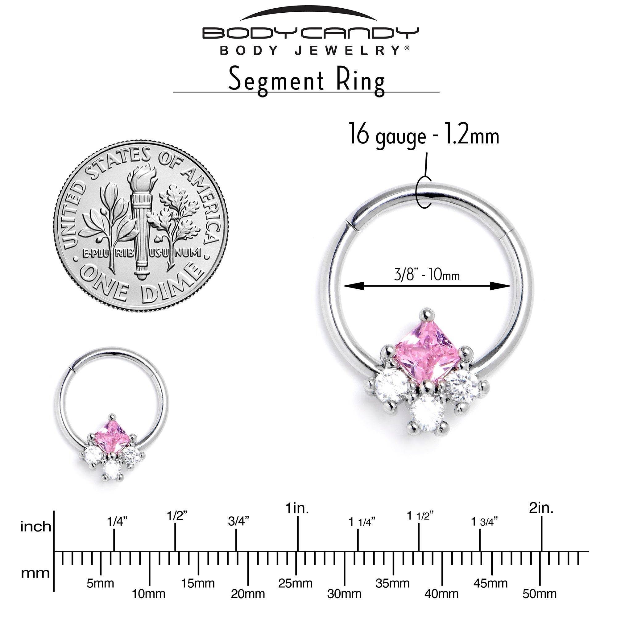 BodyCandy 16G 3/8 Pink Clear CZ Gem Rhombus Riot Hinged Segment Ring — side view
