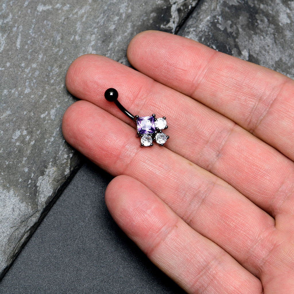 BodyCandy Clear Purple CZ Gem Black Rhombus Riot Belly Ring — detail close-up