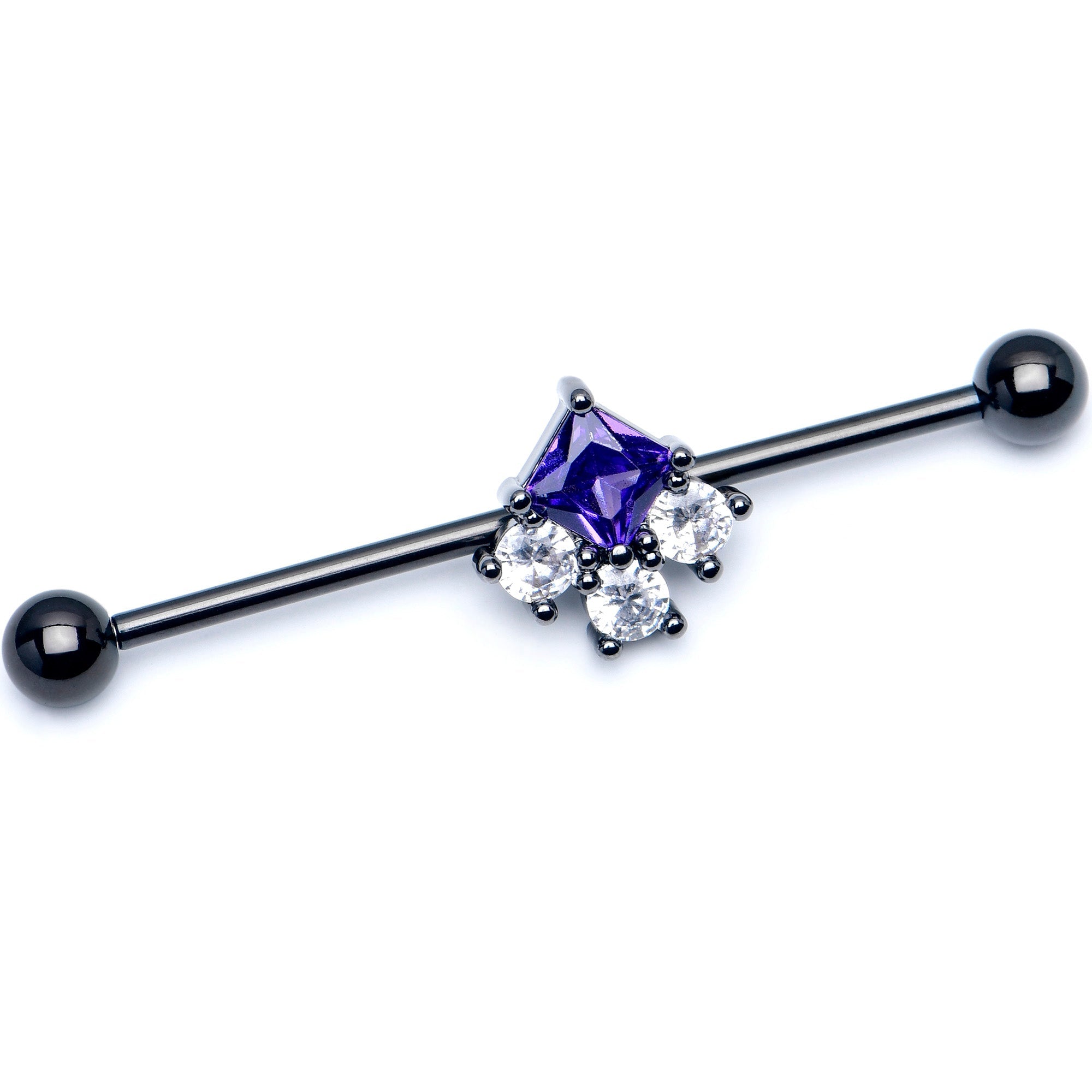 BodyCandy 14G Clear Purple CZ Gem Black Rhombus Riot Industrial Barbell 38mm — main product shot