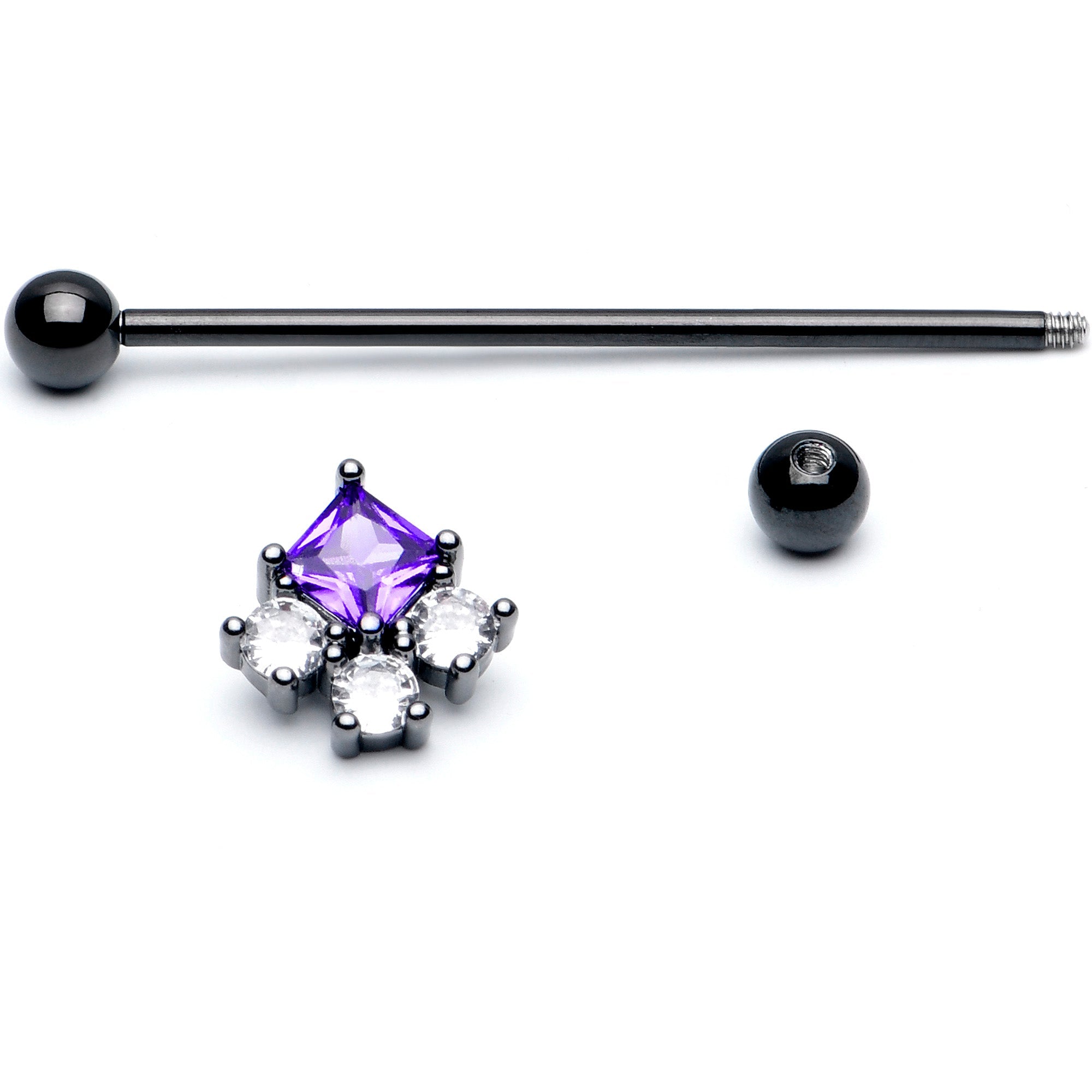 BodyCandy 14G Clear Purple CZ Gem Black Rhombus Riot Industrial Barbell 38mm — detail close-up