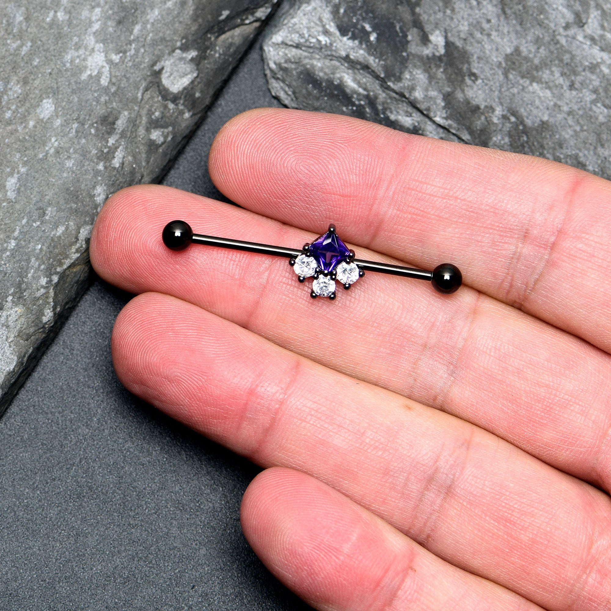 BodyCandy 14G Clear Purple CZ Gem Black Rhombus Riot Industrial Barbell 38mm — lifestyle context