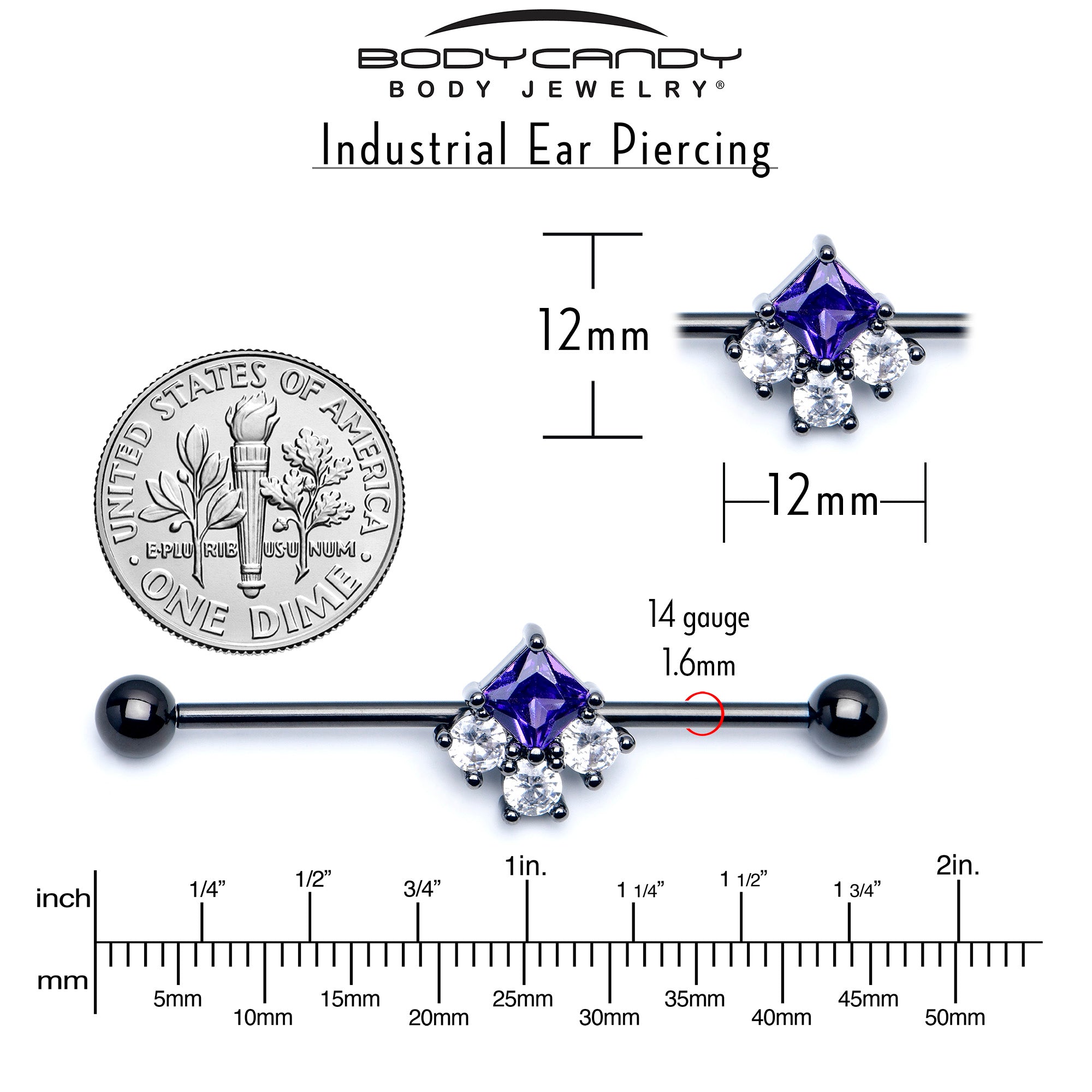 BodyCandy 14G Clear Purple CZ Gem Black Rhombus Riot Industrial Barbell 38mm — side view