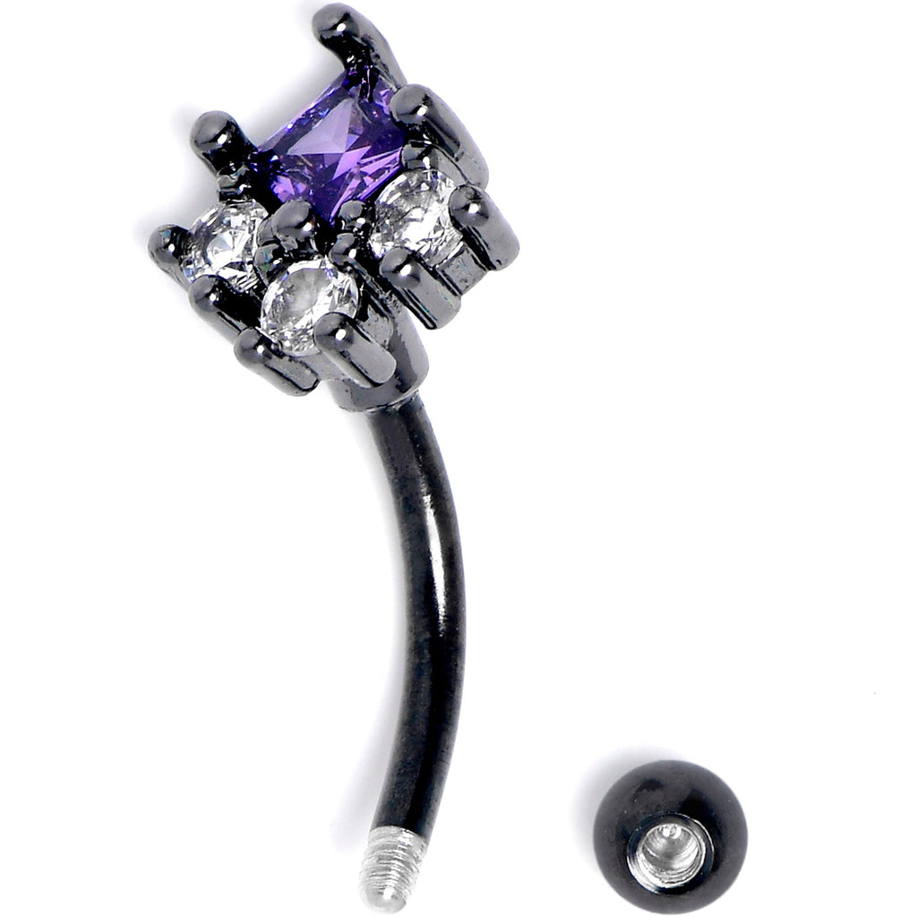 BodyCandy 16G 5/15 Clear Purple CZ Gem Black Rhombus Riot Curved Eyebrow Ring — detail close-up