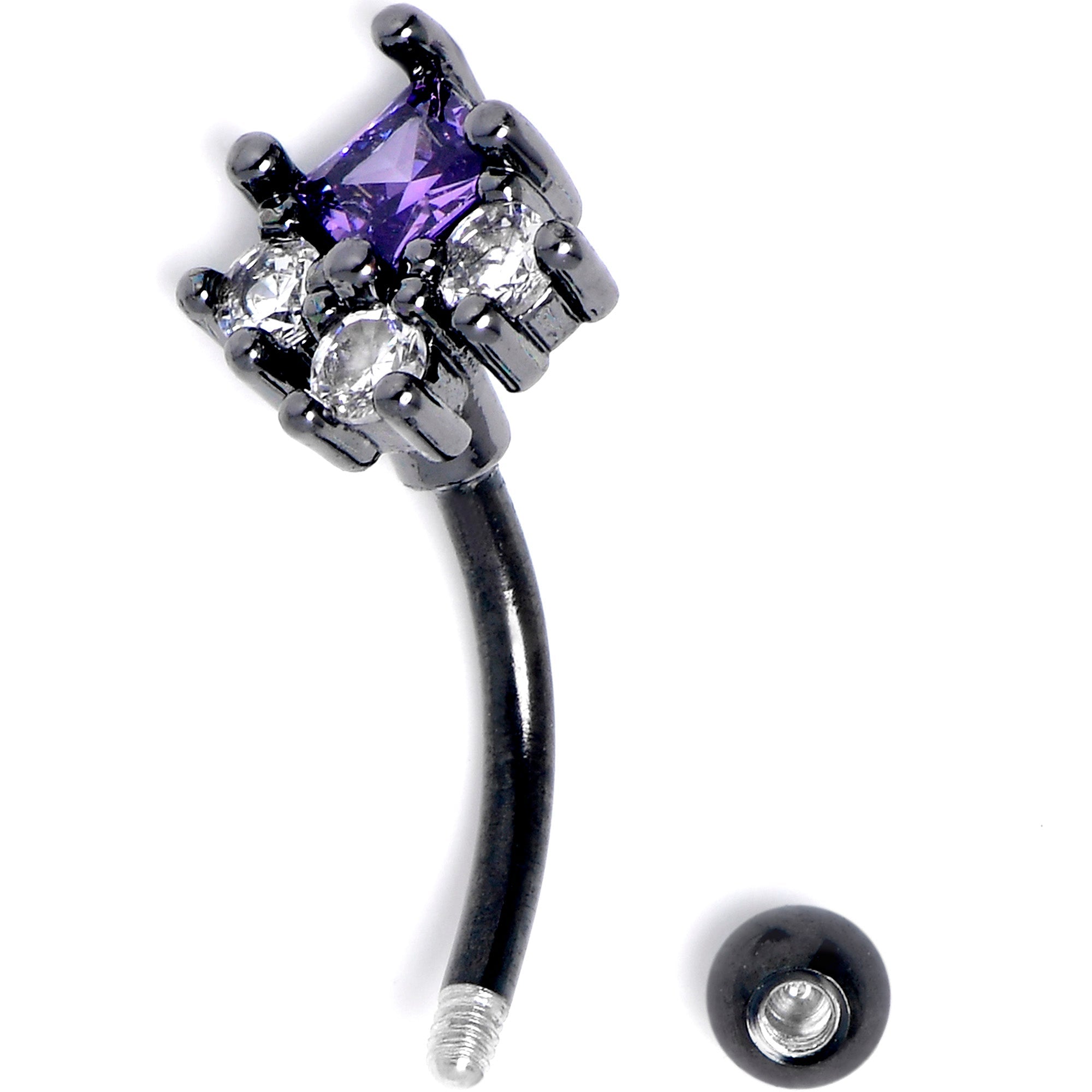 BodyCandy 16G 5/15 Clear Purple CZ Gem Black Rhombus Riot Curved Eyebrow Ring — detail close-up