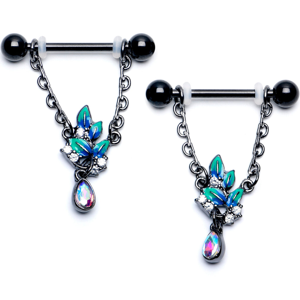 BodyCandy 14G 9/16 Aurora CZ Gem Black Lush Leaves Dangle Nipple Ring Set — main product shot