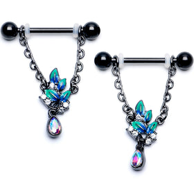 14G 9/16 Aurora CZ Gem Black Lush Leaves Dangle Nipple Ring Set