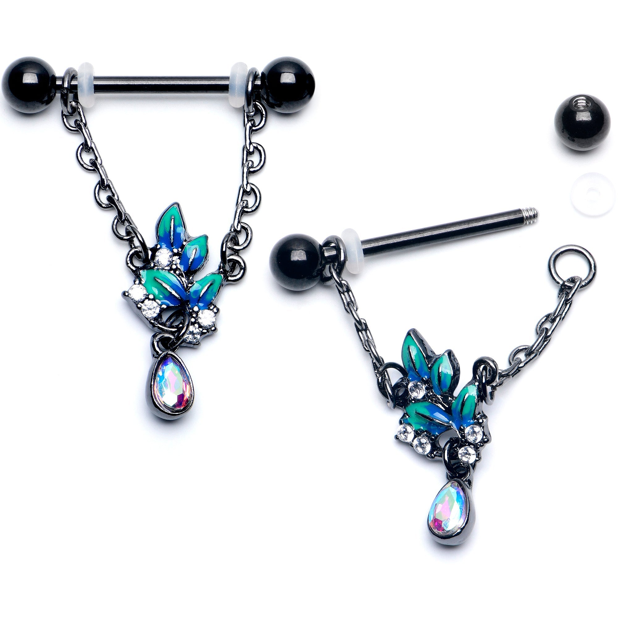BodyCandy 14G 9/16 Aurora CZ Gem Black Lush Leaves Dangle Nipple Ring Set — detail close-up