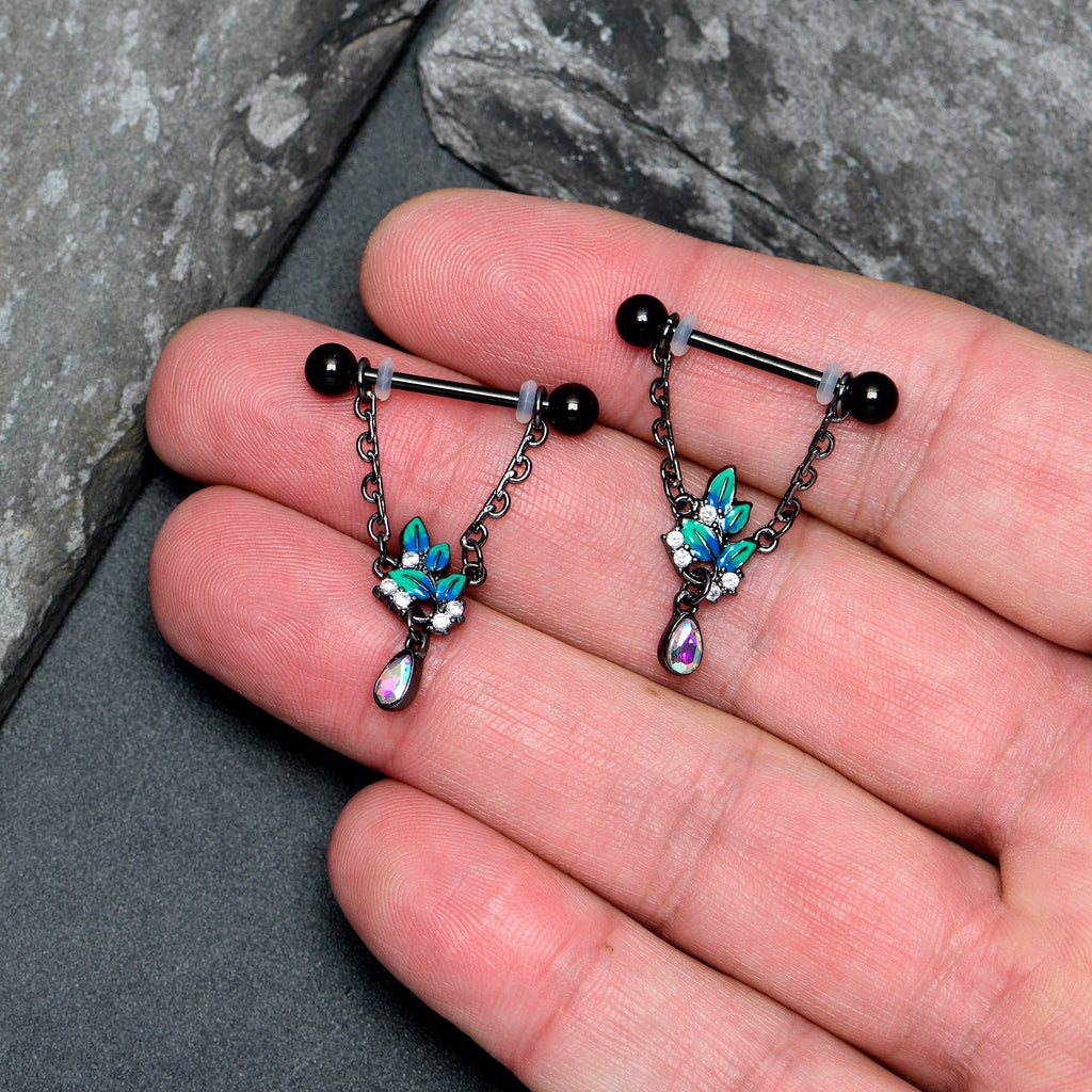 BodyCandy 14G 9/16 Aurora CZ Gem Black Lush Leaves Dangle Nipple Ring Set — lifestyle context