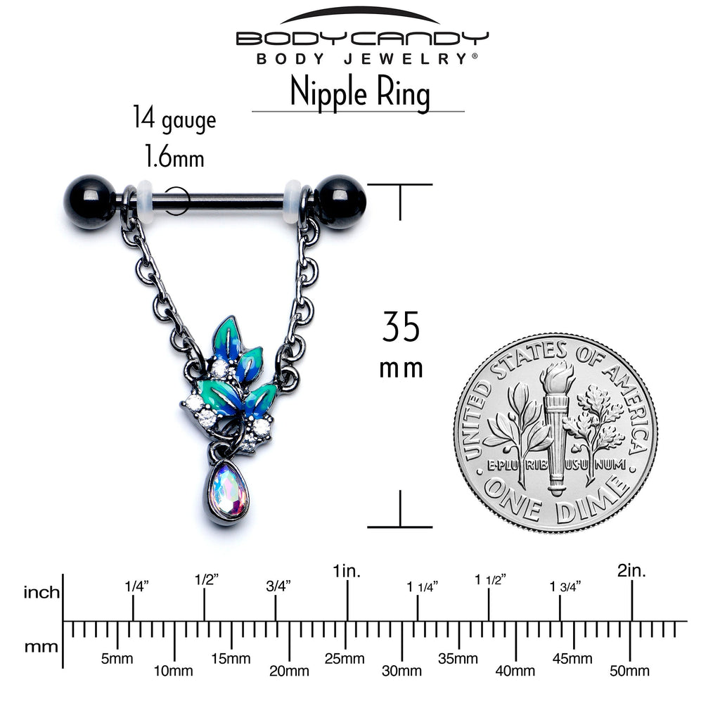 BodyCandy 14G 9/16 Aurora CZ Gem Black Lush Leaves Dangle Nipple Ring Set — side view