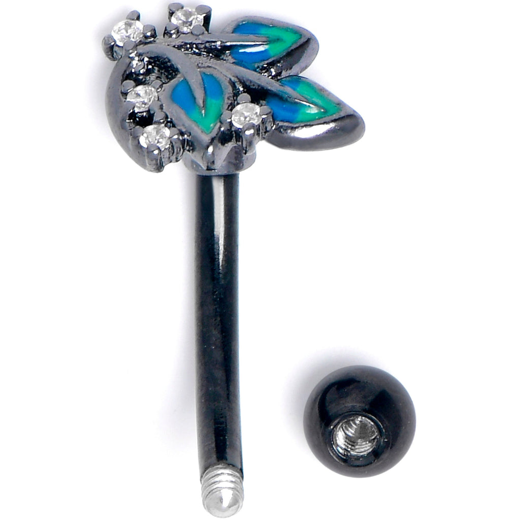BodyCandy 16G 5/16 Clear CZ Gem Black Lush Leaves Curved Eyebrow Ring — detail close-up
