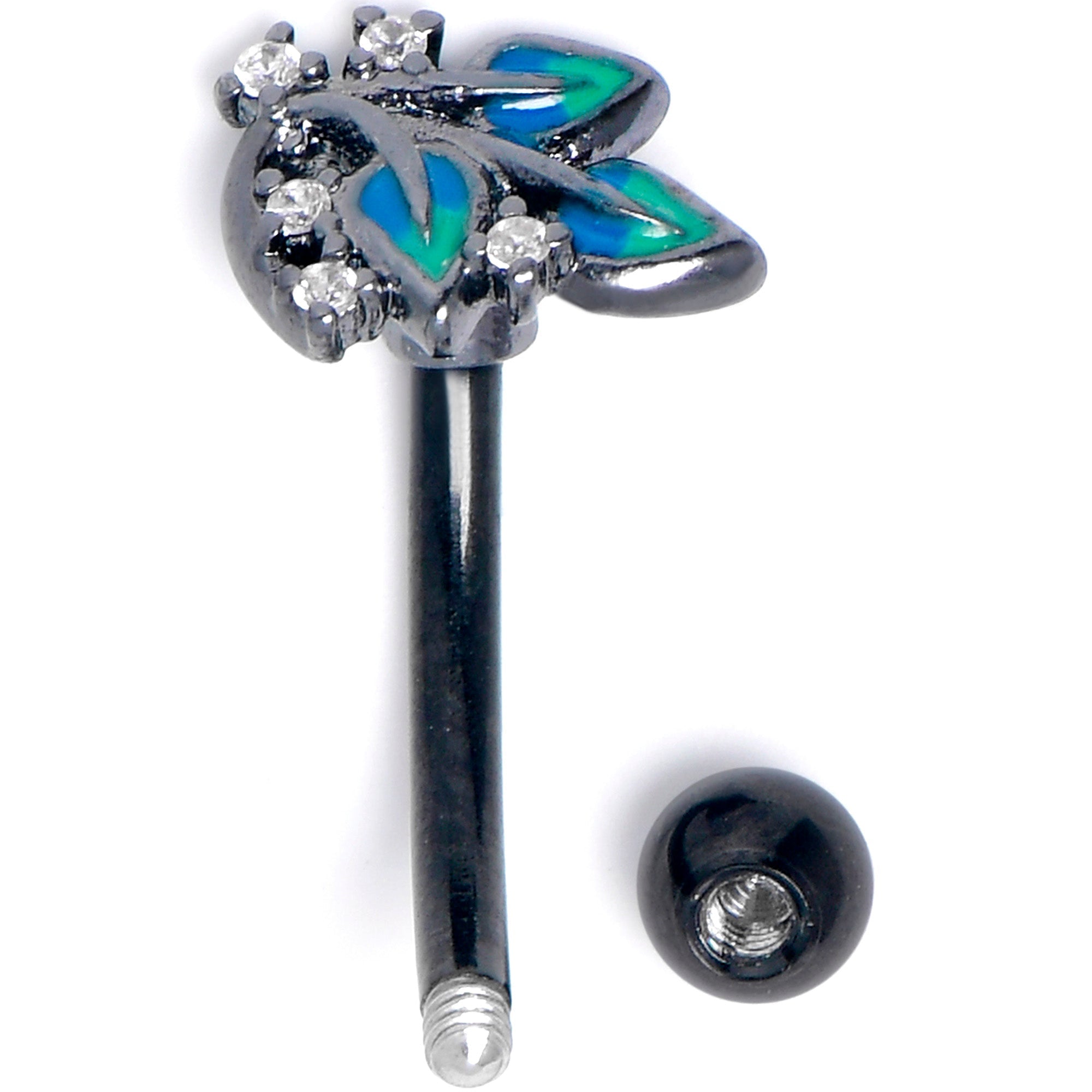 BodyCandy 16G 5/16 Clear CZ Gem Black Lush Leaves Curved Eyebrow Ring — detail close-up