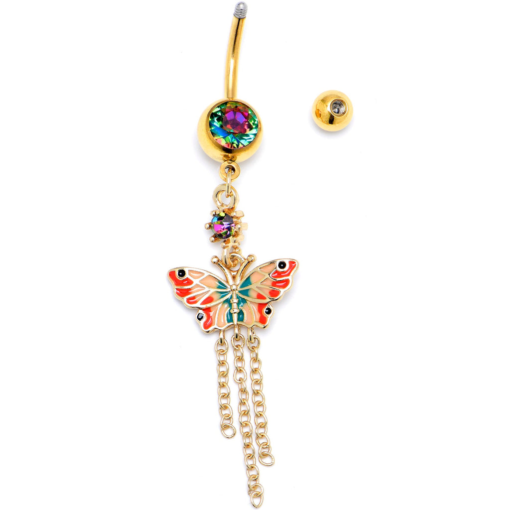 BodyCandy Vitrail Gem Gold Tone Sunrise Butterfly Dangle Belly Ring — detail close-up