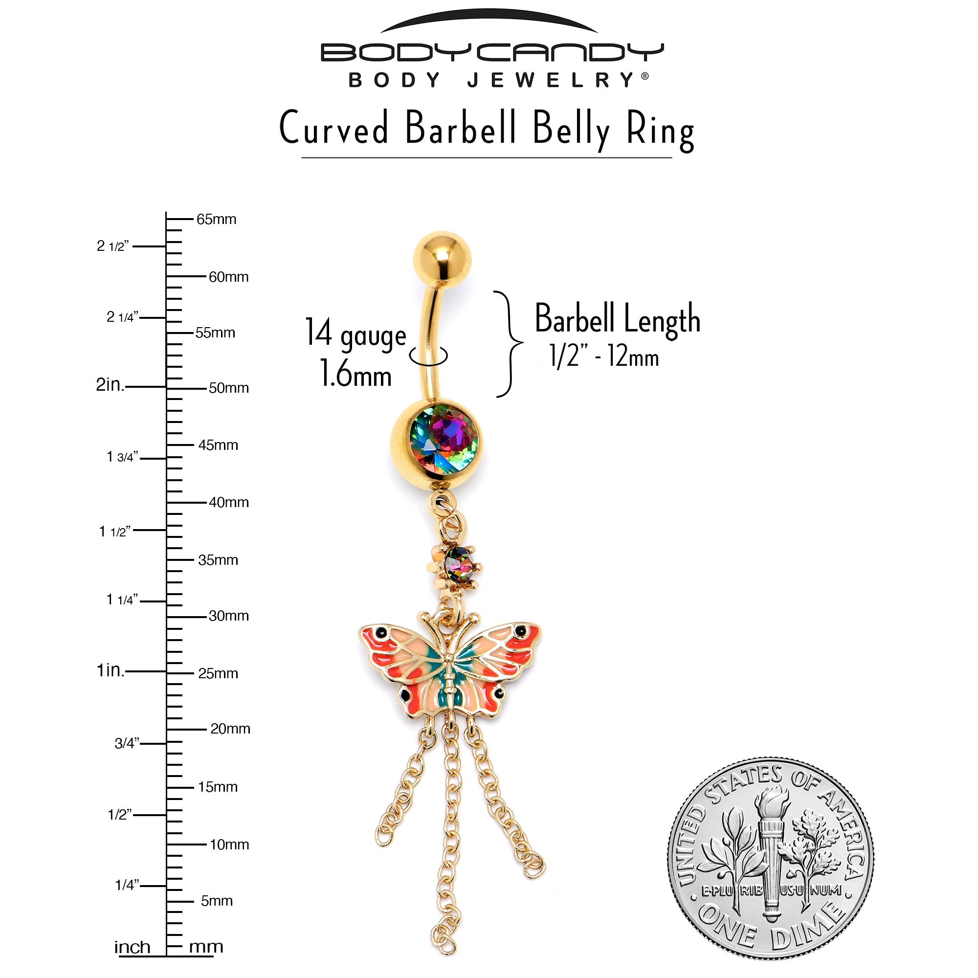 BodyCandy Vitrail Gem Gold Tone Sunrise Butterfly Dangle Belly Ring — side view