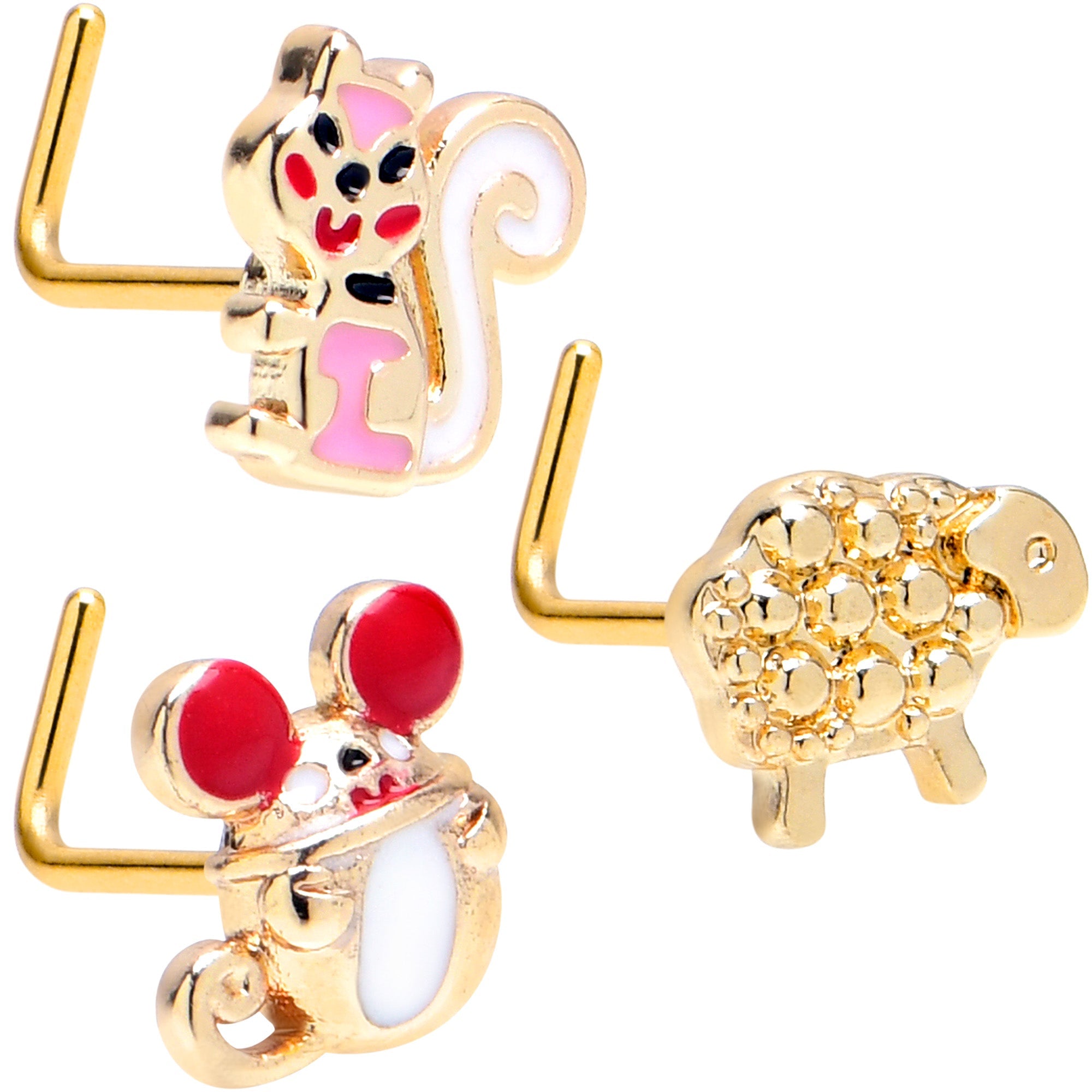 BodyCandy 20G 7mm Gold Tone Pretty Critters L Shape Nose Ring Set of 3 — main product shot