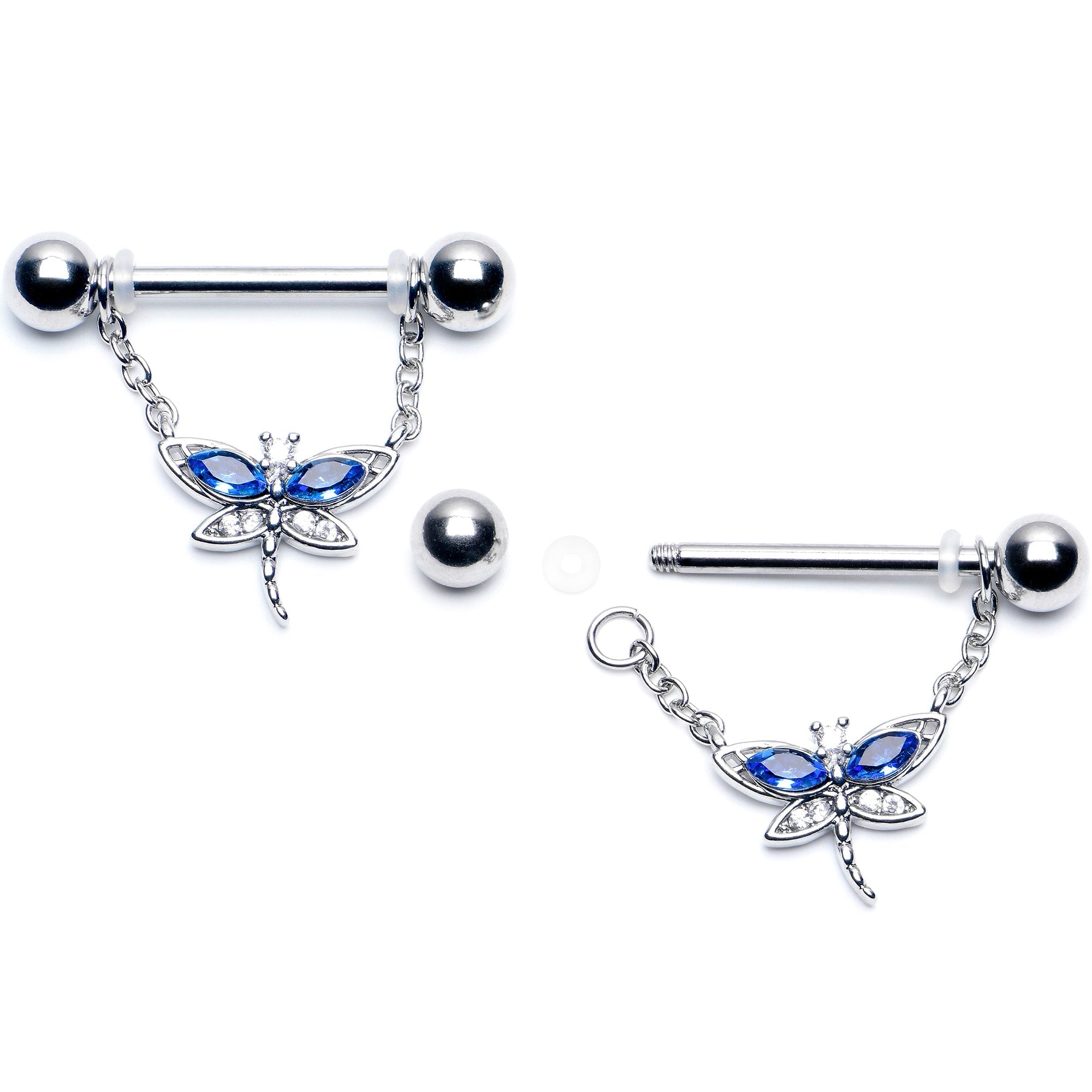 BodyCandy 14G 9/16 Blue CZ Gem Dragonfly Dream Dangle Nipple Ring Set — detail close-up