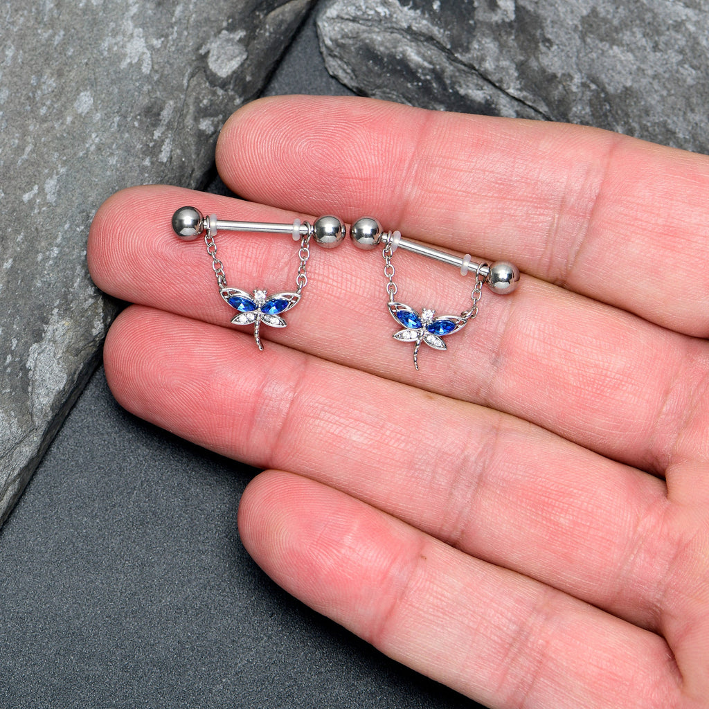 BodyCandy 14G 9/16 Blue CZ Gem Dragonfly Dream Dangle Nipple Ring Set — lifestyle context