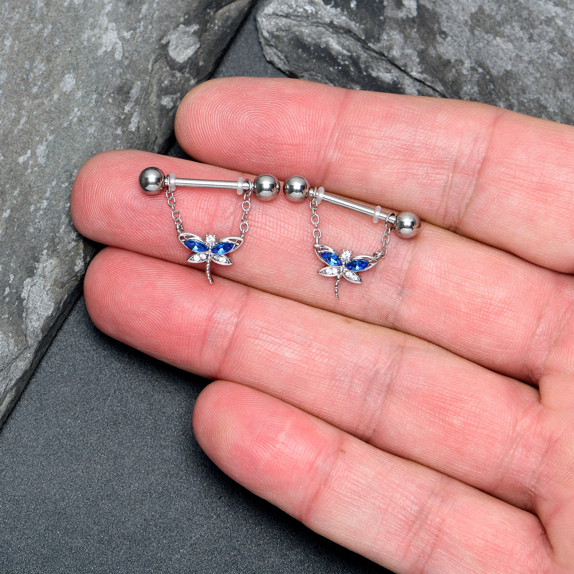 BodyCandy 14G 9/16 Blue CZ Gem Dragonfly Dream Dangle Nipple Ring Set — lifestyle context