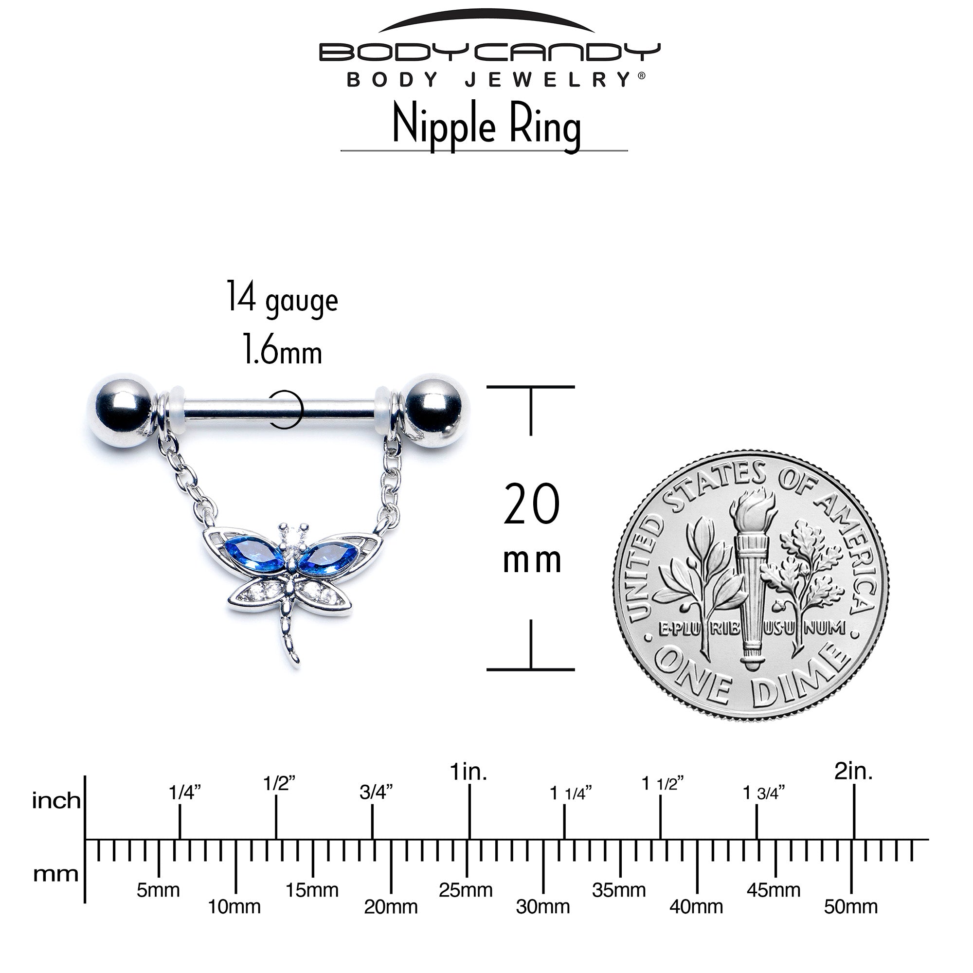 BodyCandy 14G 9/16 Blue CZ Gem Dragonfly Dream Dangle Nipple Ring Set — side view