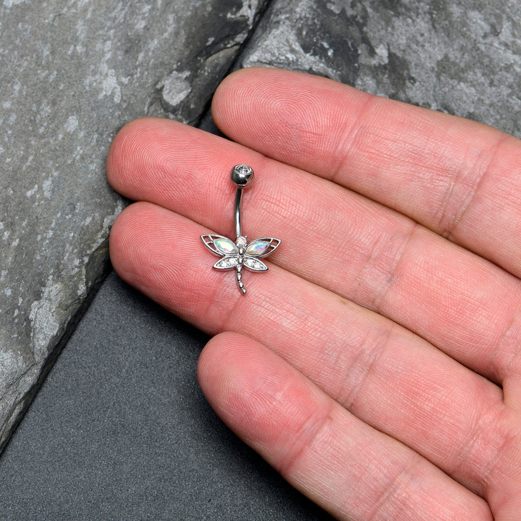 BodyCandy Aurora Clear CZ Gem Understated Dragonfly Belly Ring — detail close-up