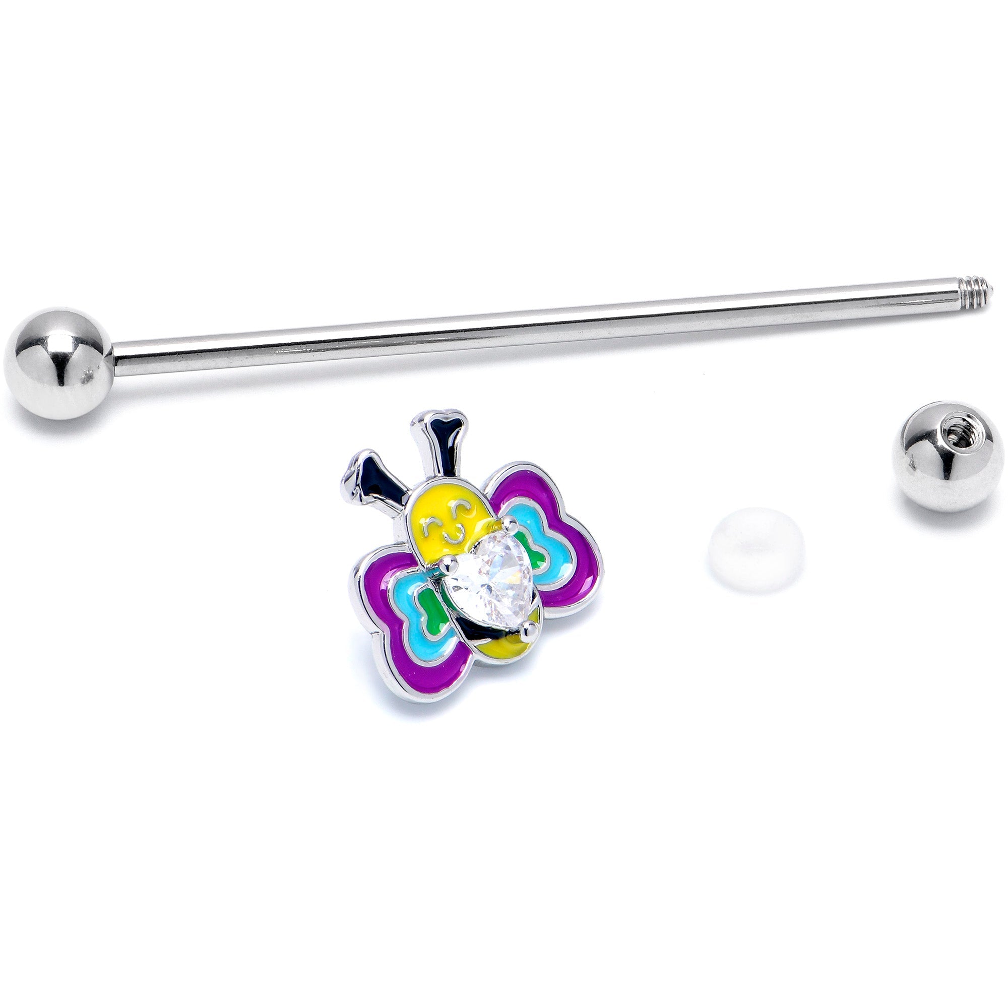 BodyCandy 14G Clear CZ Gem Butterfly Love Bug Heart Industrial Barbell 38mm — detail close-up