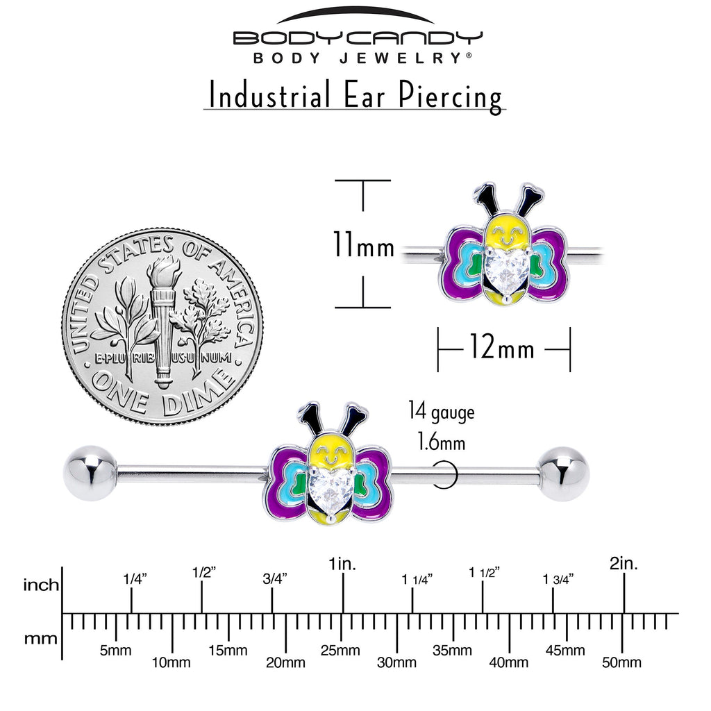 BodyCandy 14G Clear CZ Gem Butterfly Love Bug Heart Industrial Barbell 38mm — side view