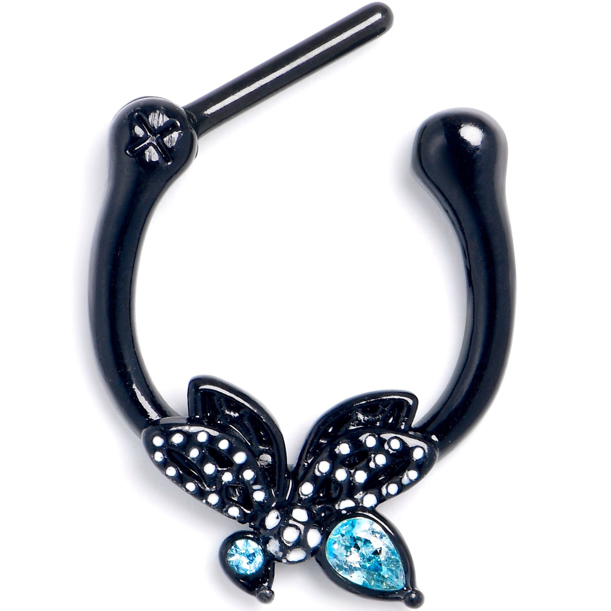 BodyCandy 16G 5/16 Blue CZ Gem Black Night Drama Butterfly Cartilage Clicker — detail close-up