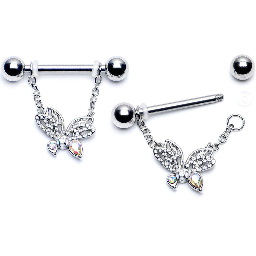 BodyCandy 14G 9/16 Aurora CZ  Gem Ultra Drama Butterfly Dangle Nipple Ring Set — detail close-up