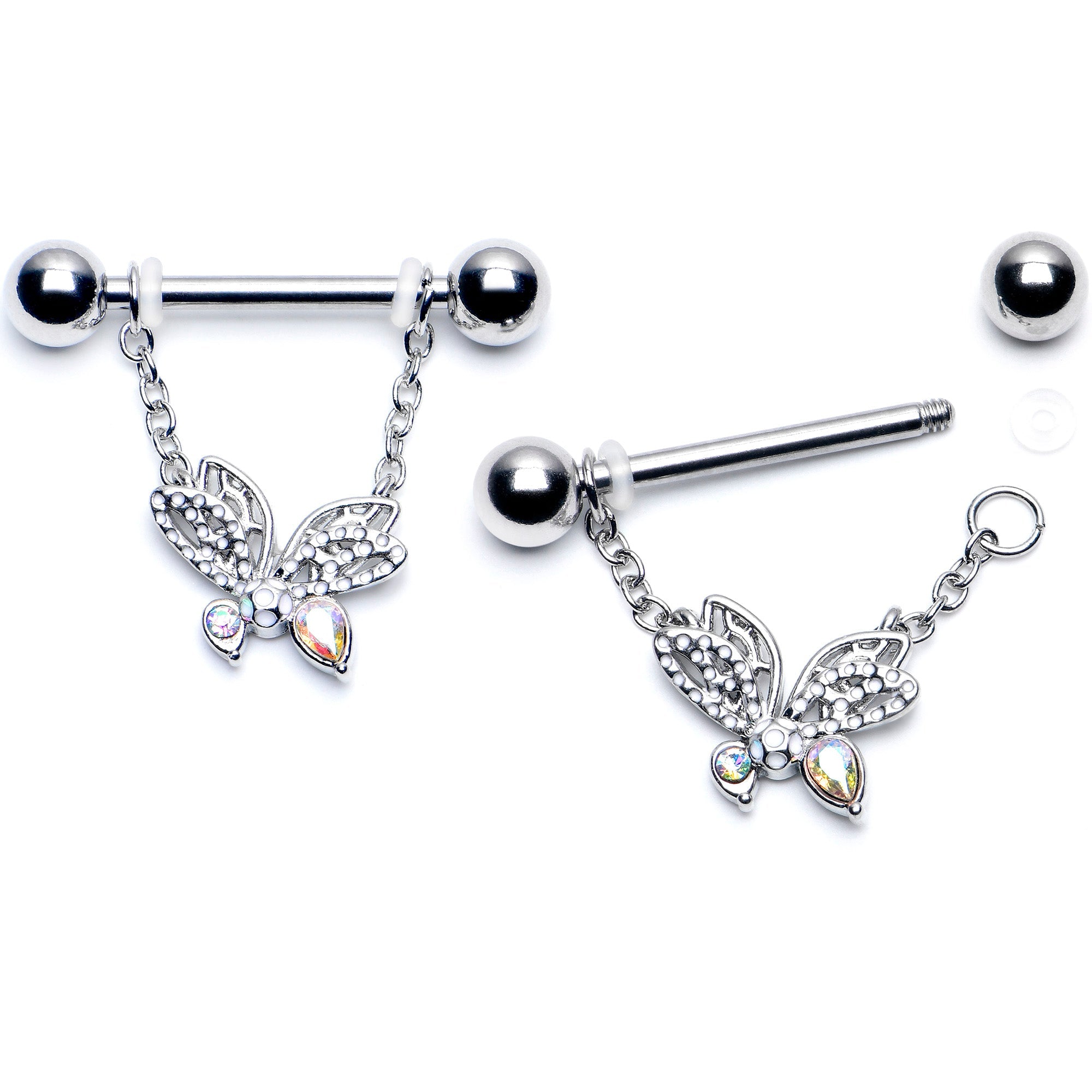 BodyCandy 14G 9/16 Aurora CZ  Gem Ultra Drama Butterfly Dangle Nipple Ring Set — detail close-up