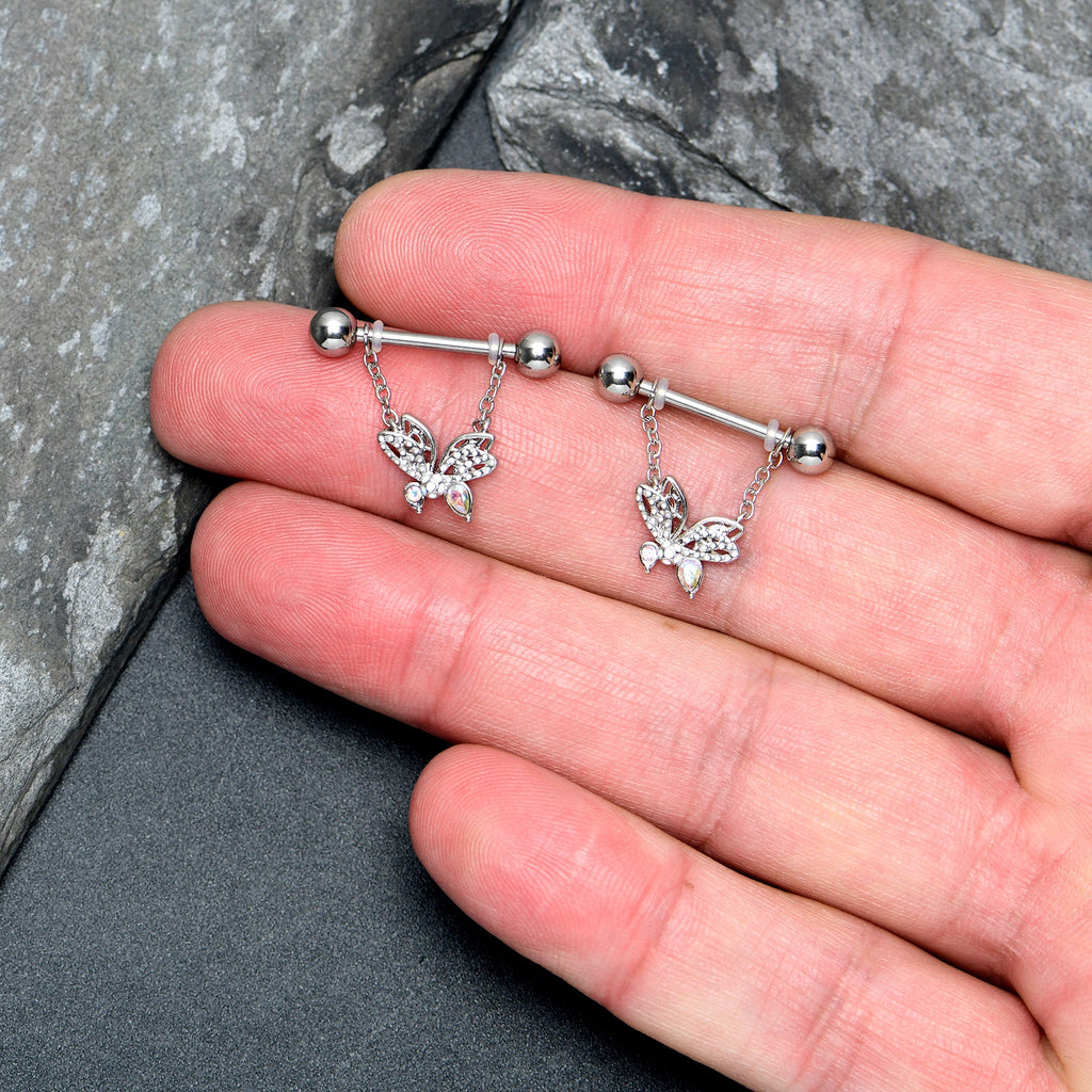 BodyCandy 14G 9/16 Aurora CZ  Gem Ultra Drama Butterfly Dangle Nipple Ring Set — lifestyle context