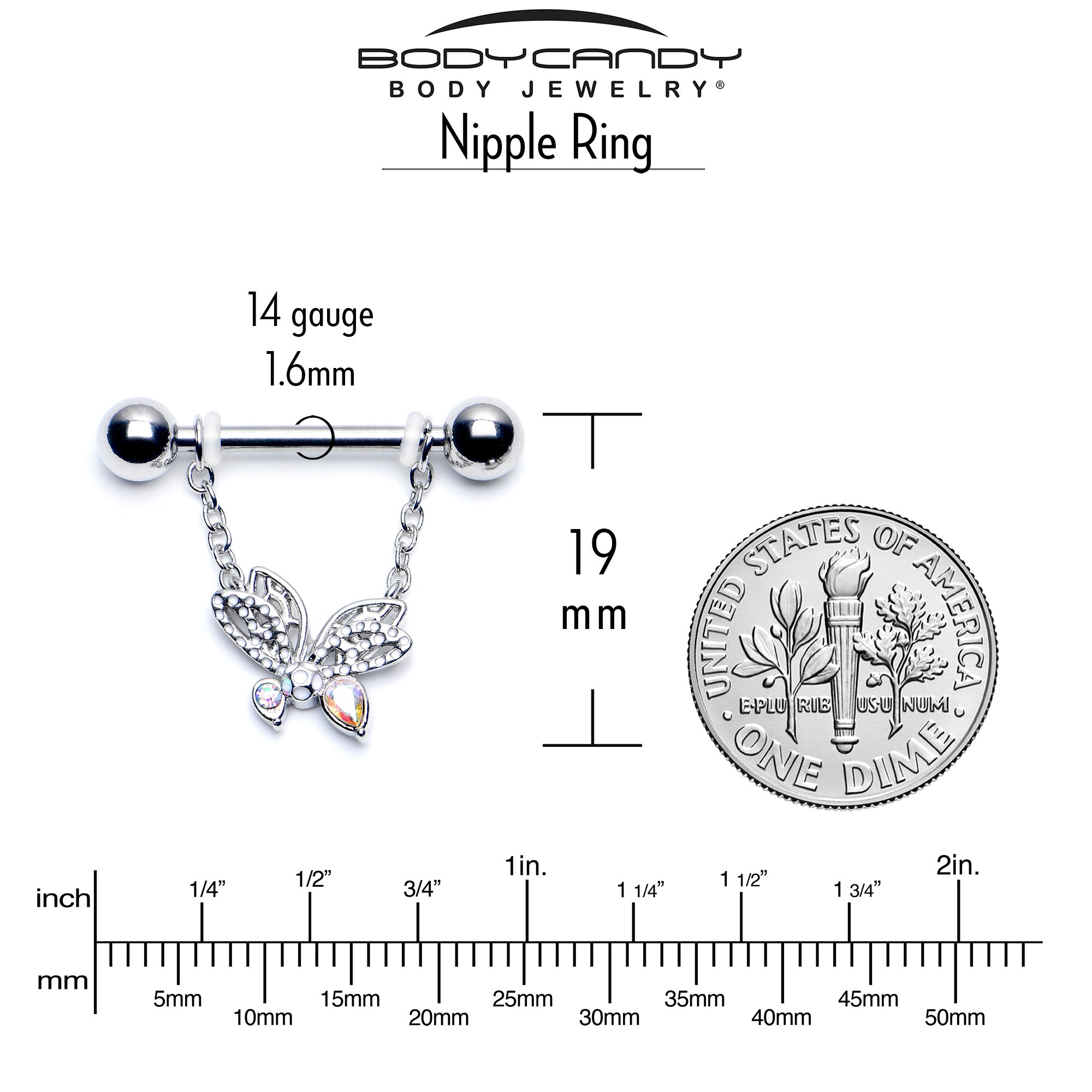 BodyCandy 14G 9/16 Aurora CZ  Gem Ultra Drama Butterfly Dangle Nipple Ring Set — side view