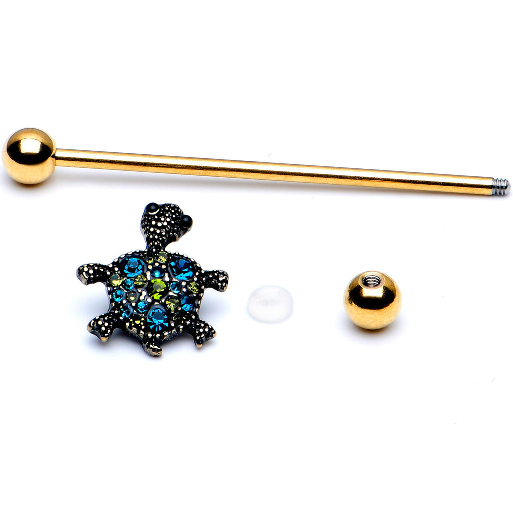 BodyCandy 14G Blue Gem Gold Tone Sweet Sea Turtle Industrial Barbell 38mm — detail close-up