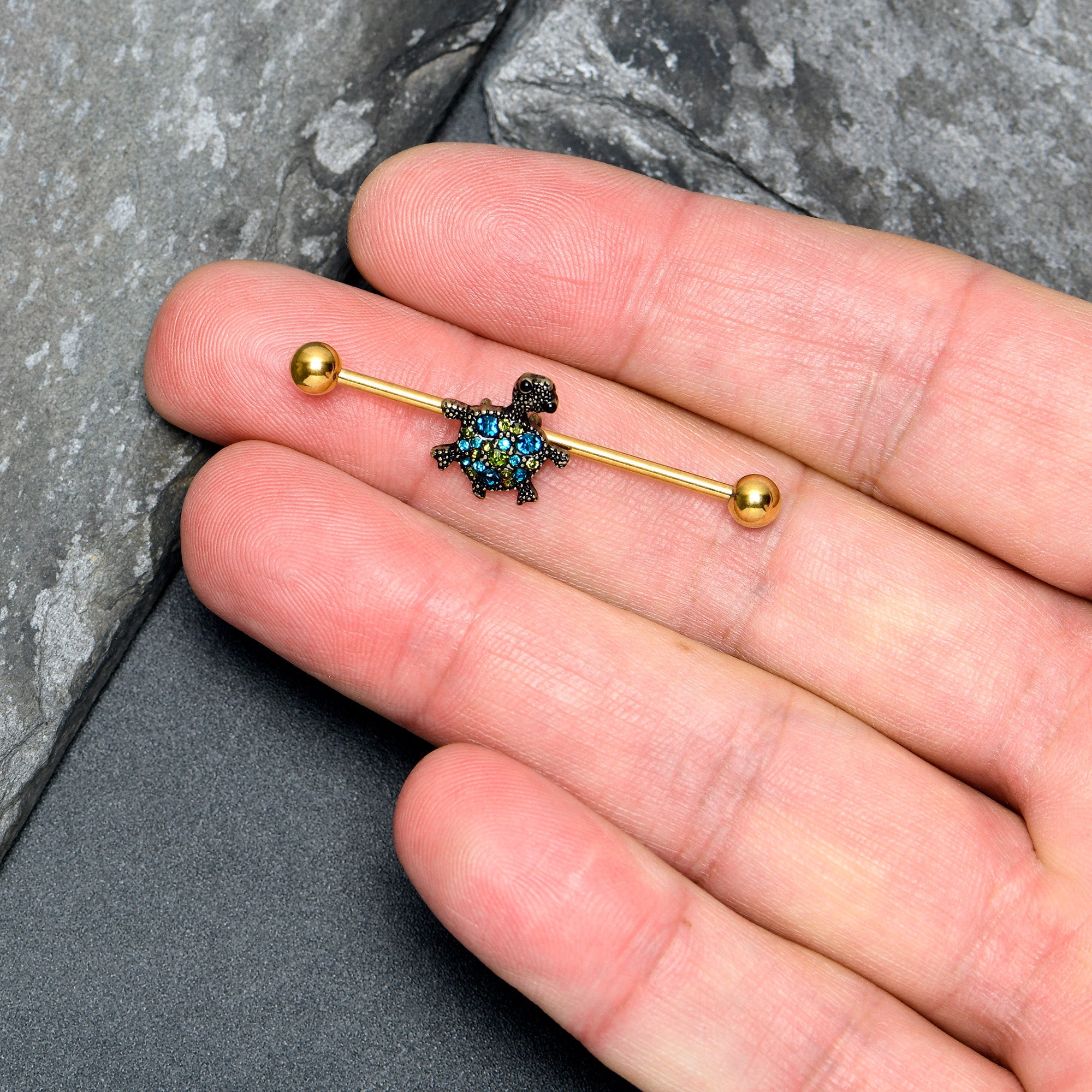 BodyCandy 14G Blue Gem Gold Tone Sweet Sea Turtle Industrial Barbell 38mm — lifestyle context